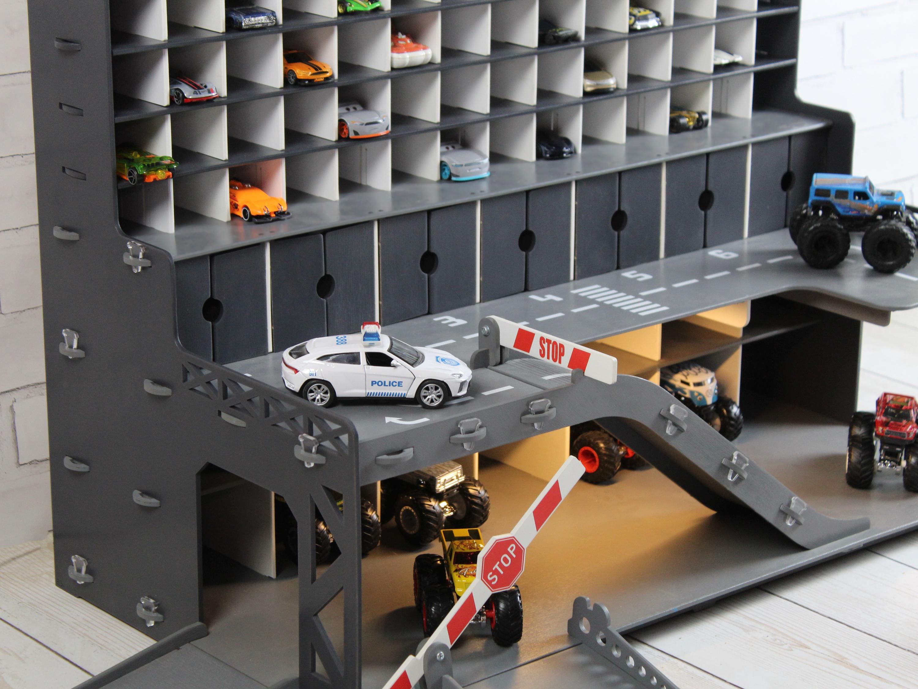 Graphite Wooden Toy Car Garage 91 Slots | 1:64 Scale Display with LED & Nameplate