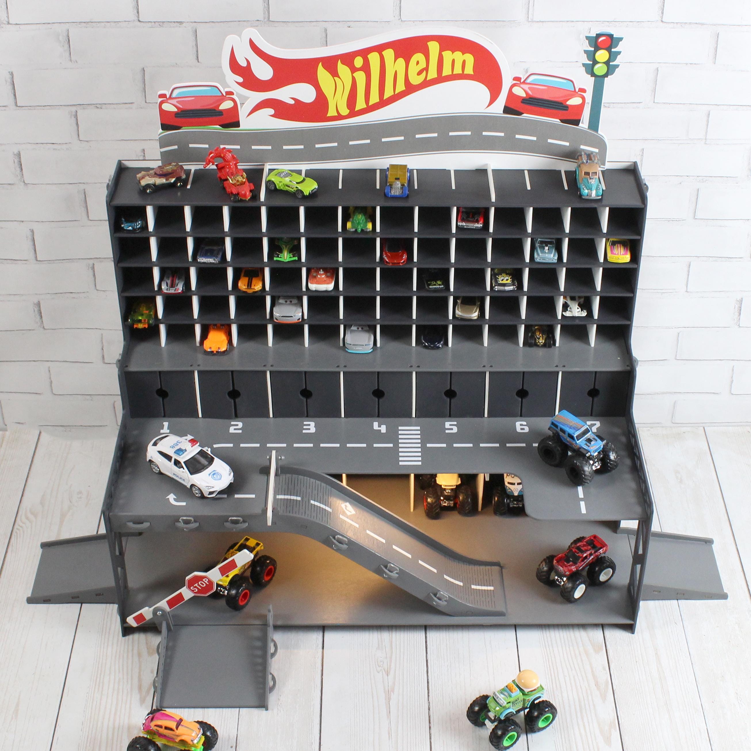 Graphite Wooden Toy Car Garage 91 Slots | 1:64 Scale Display with LED & Nameplate