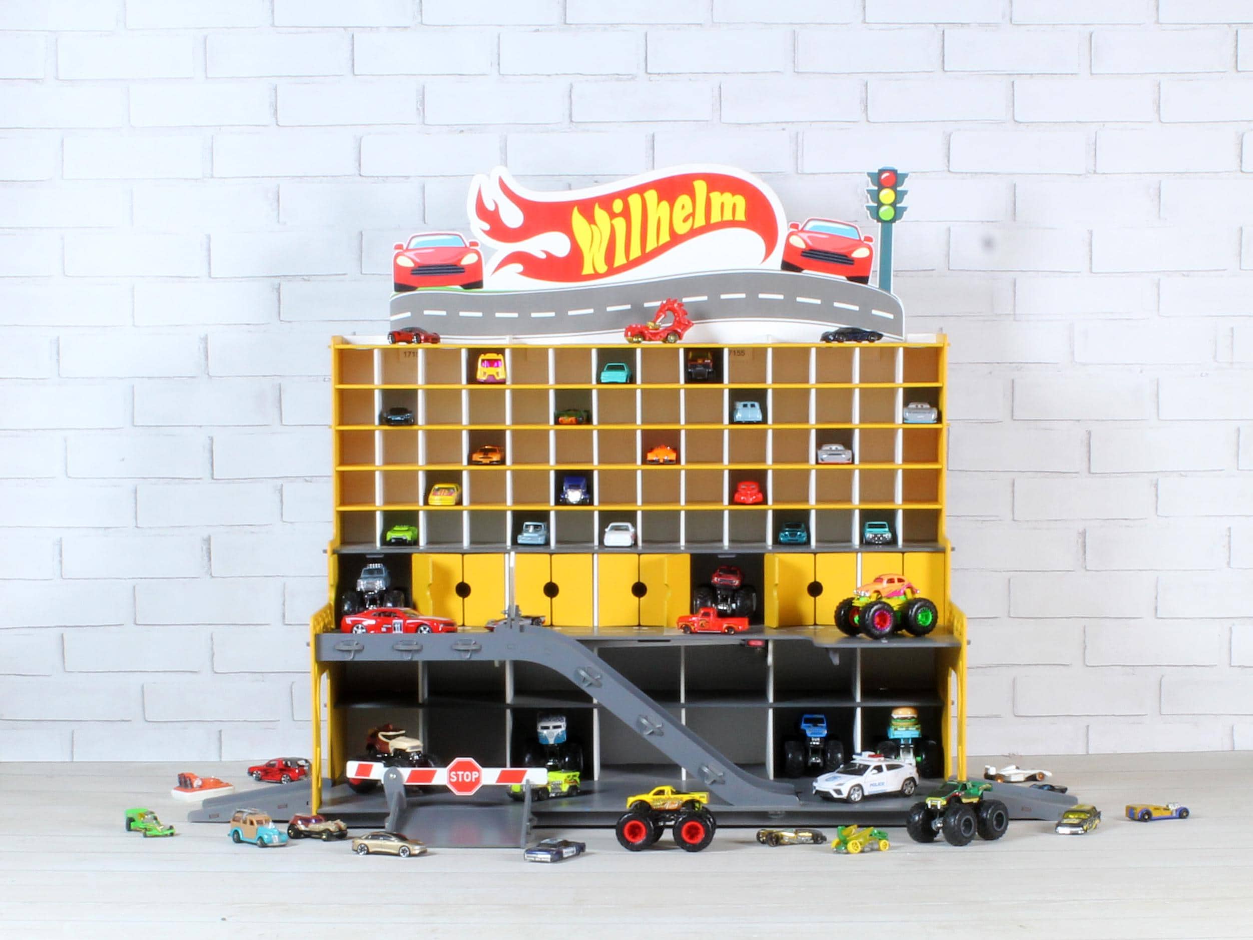 Yellow Wooden Toy Car Garage 91 Slots | 1:64 Scale Storage with LED & Custom Name