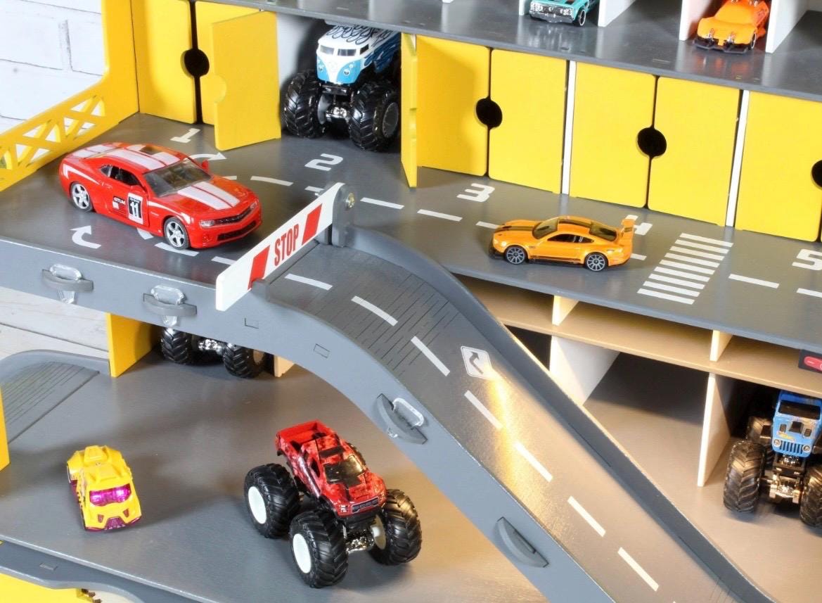 Yellow Wooden Toy Car Garage 91 Slots | 1:64 Scale Storage with LED & Custom Name