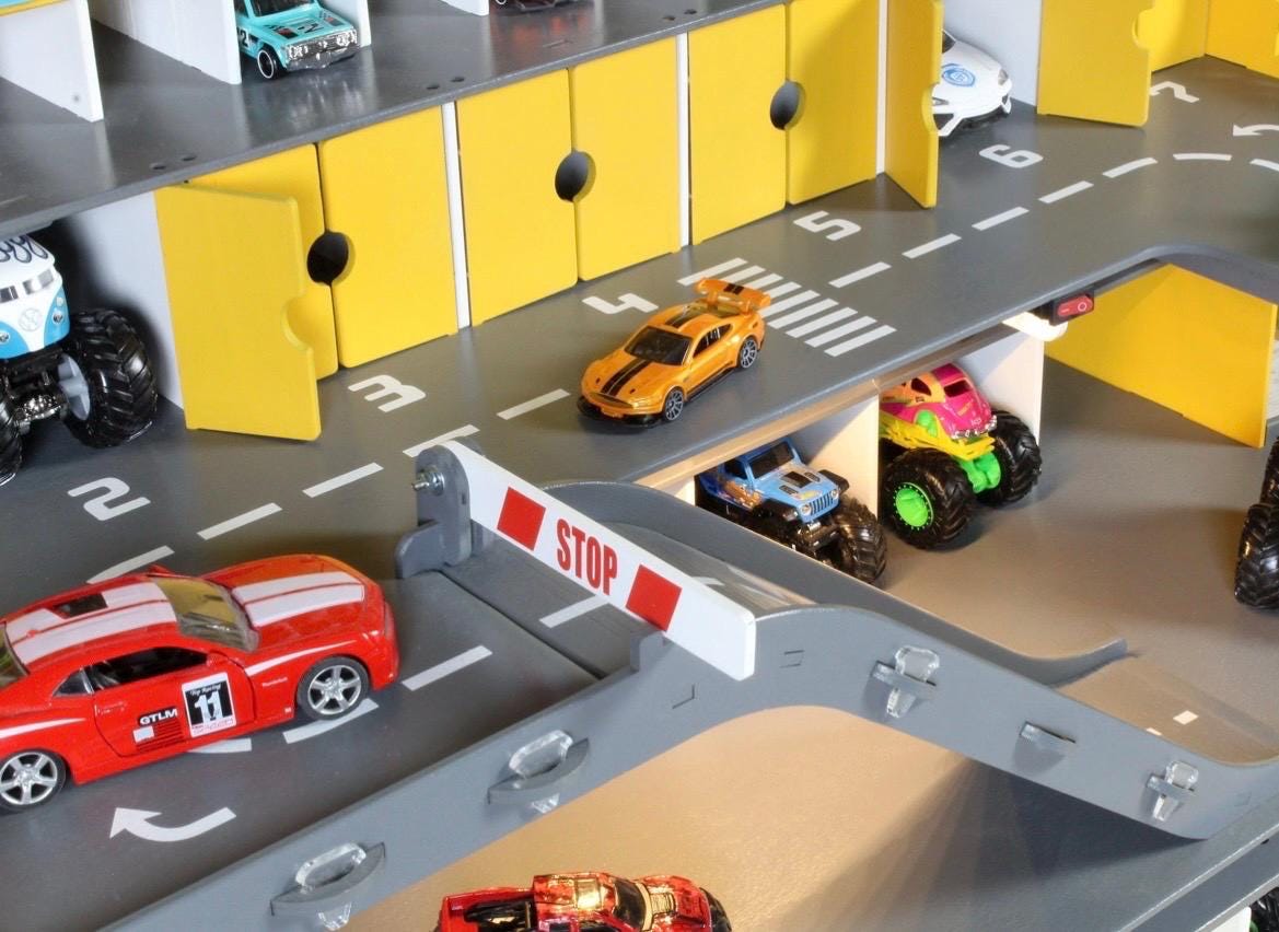 Yellow Wooden Toy Car Garage 91 Slots | 1:64 Scale Storage with LED & Custom Name