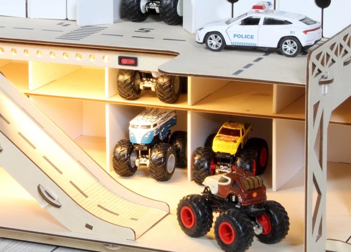 Natural Wooden Toy Car Garage 94 Slots | LED, Car Wash & Nameplate