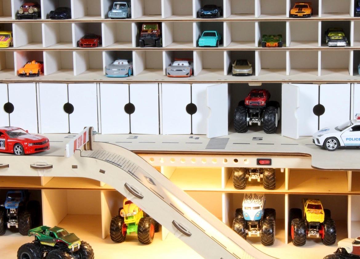 Natural Wooden Toy Car Garage 94 Slots | LED, Car Wash & Nameplate