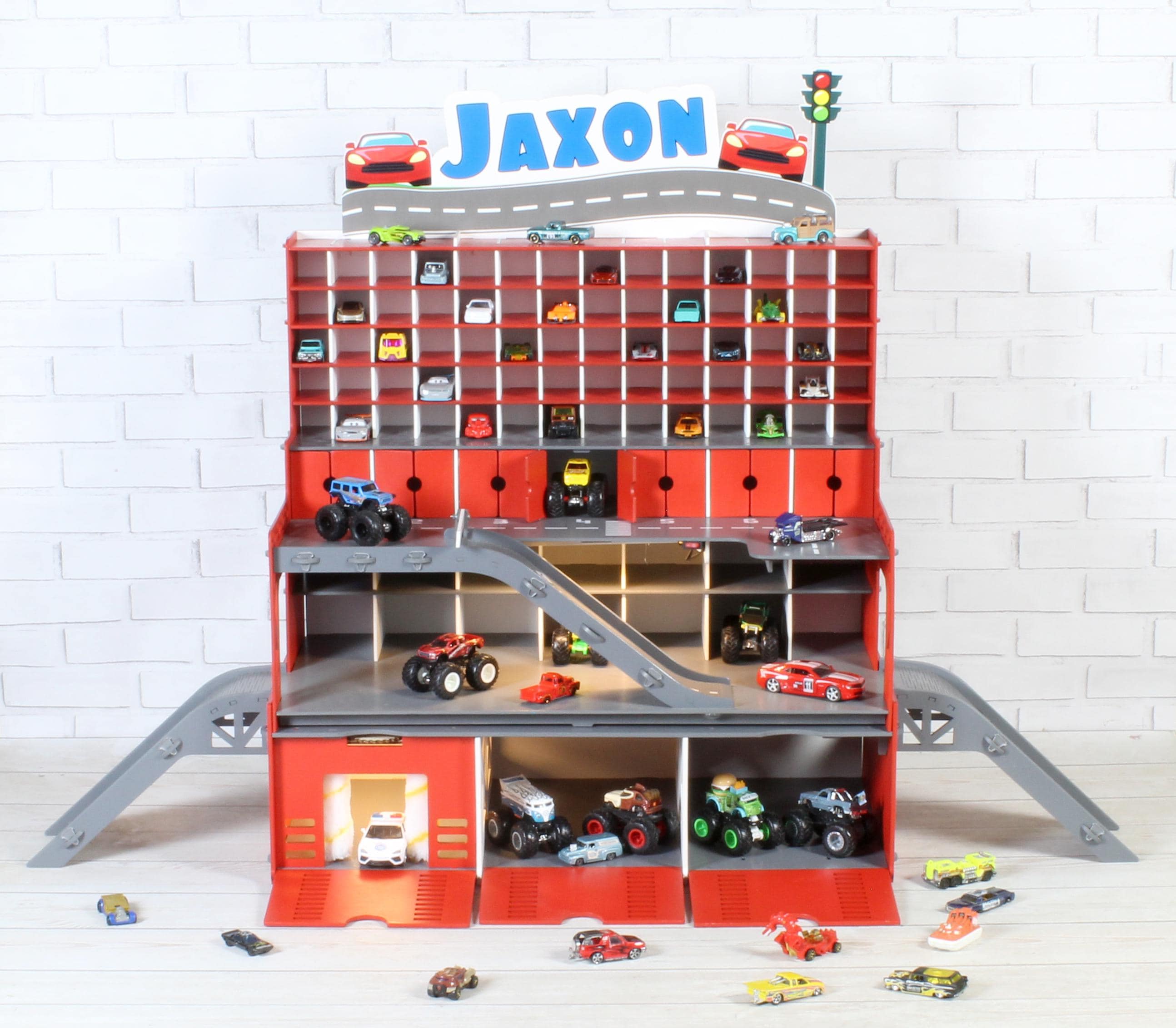 Wooden Toy Car Garage 94 Slots | 1:64 Scale Birch Display with LED & Car Wash