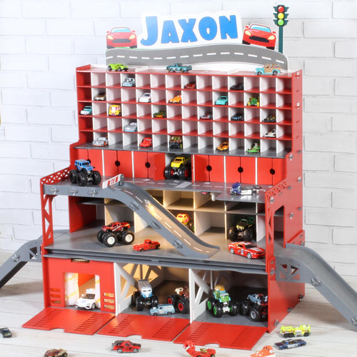 Angled front view of personalized toy car parking garage with ramps, shelves and LED lights