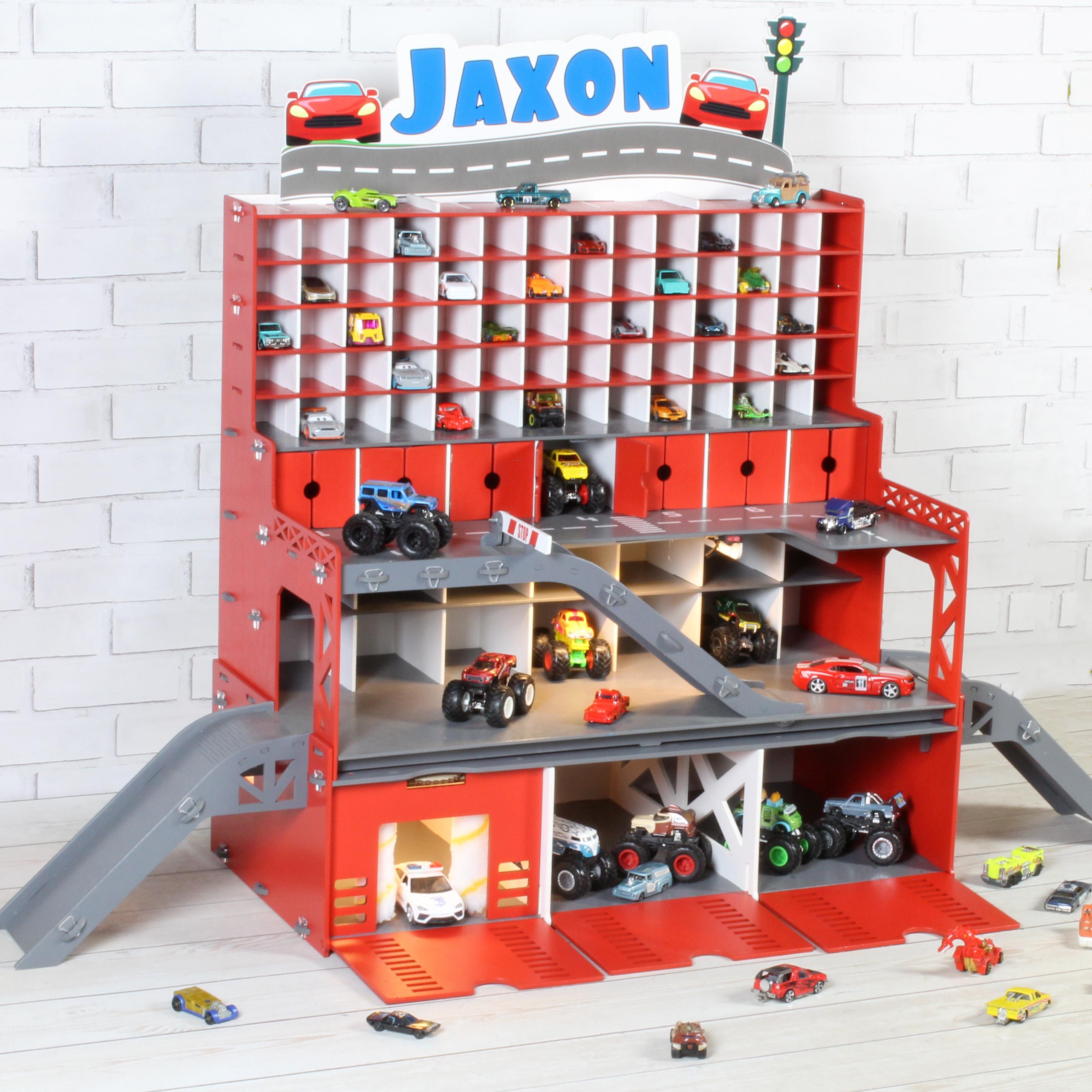 Wooden Toy Car Garage 94 Slots | 1:64 Scale Birch Display with LED & Car Wash