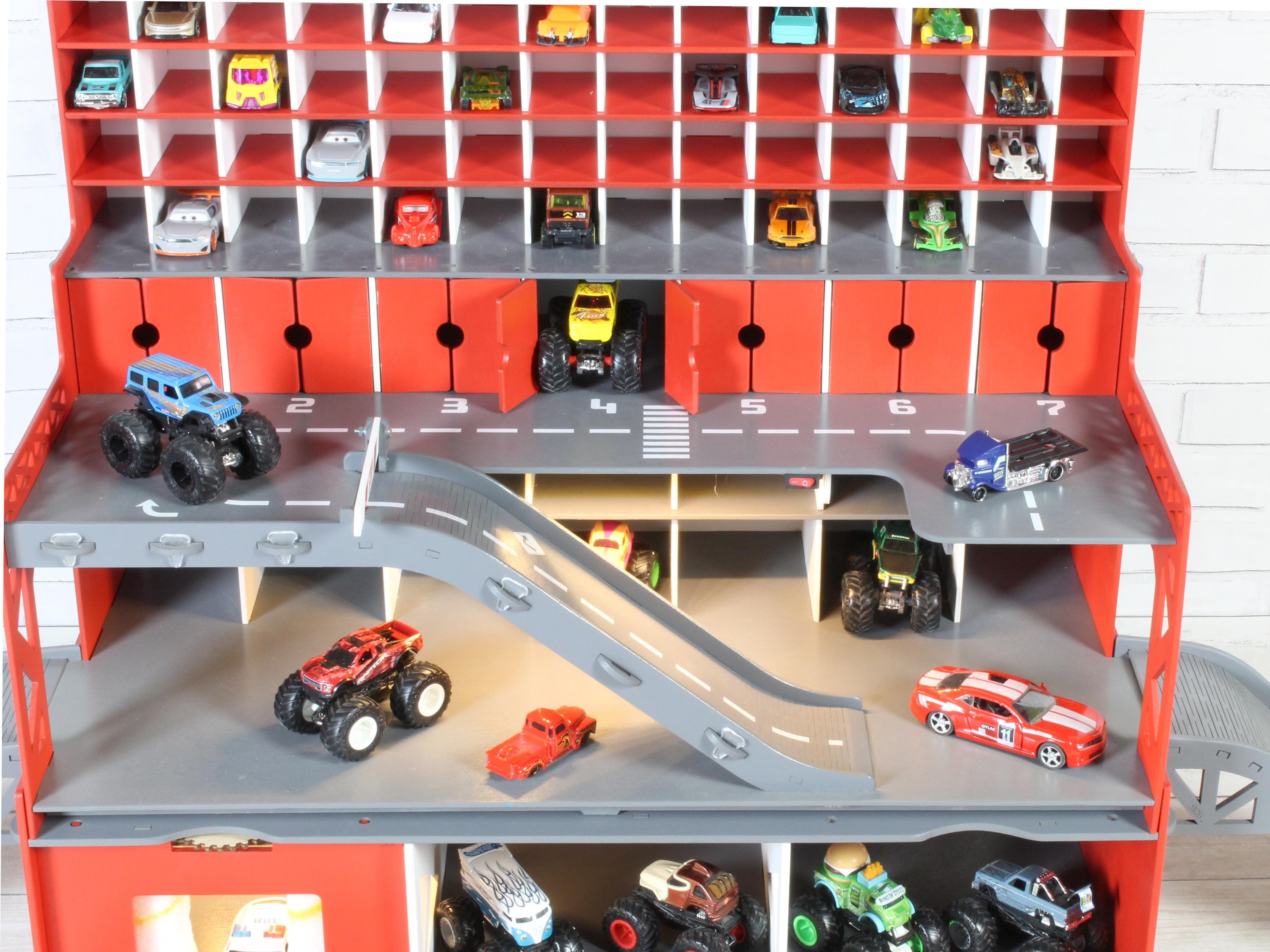 Wooden Toy Car Garage 94 Slots | 1:64 Scale Birch Display with LED & Car Wash