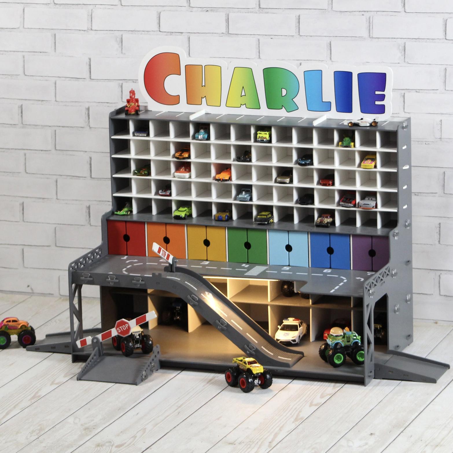 Rainbow Wooden Toy Car Garage 91 Slots | 1:64 Scale Display with LED & Nameplate