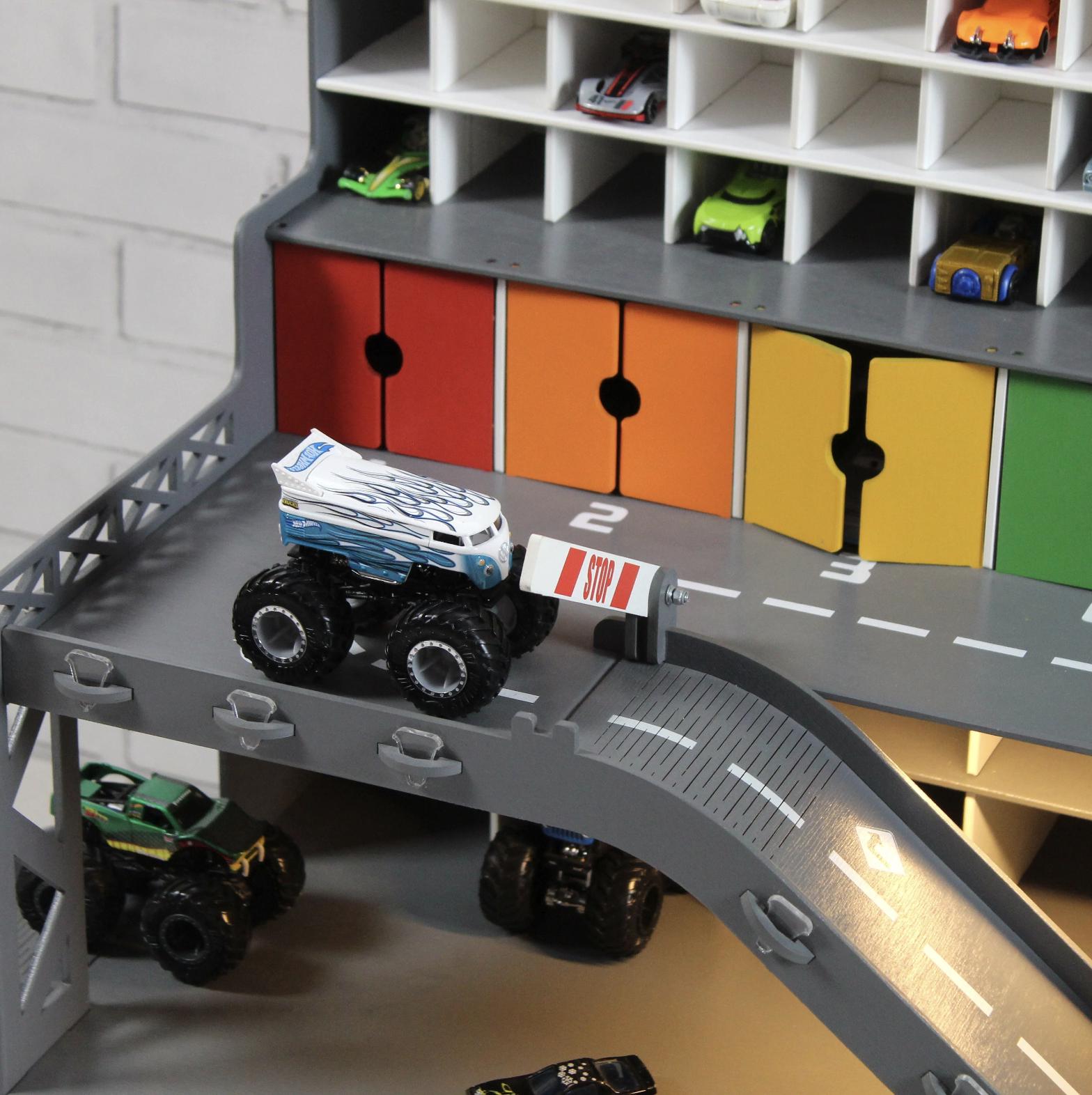 Rainbow Wooden Toy Car Garage 91 Slots | 1:64 Scale Display with LED & Nameplate