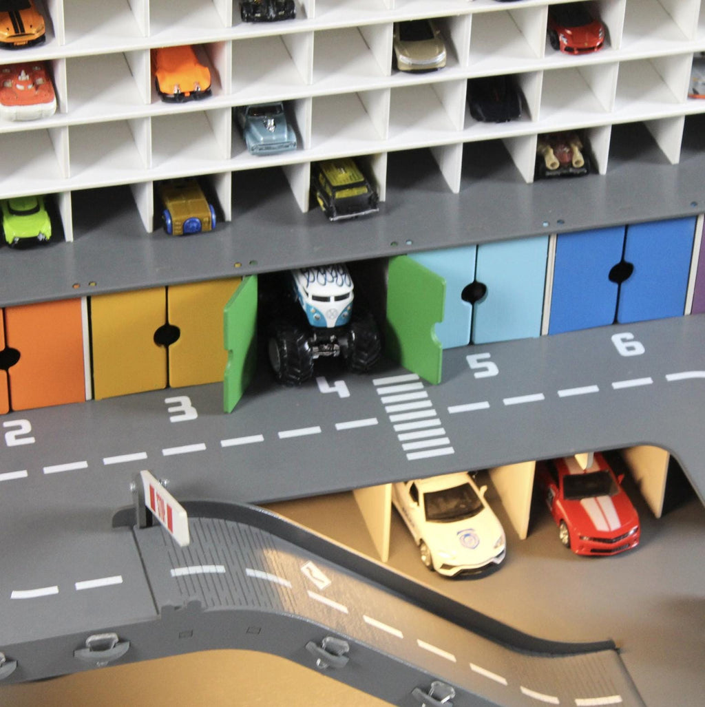 Rainbow Wooden Toy Car Garage 91 Slots | 1:64 Scale Display with LED & Nameplate