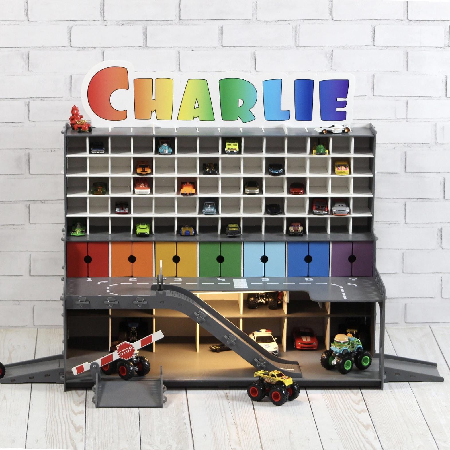 Rainbow Wooden Toy Car Garage 91 Slots | 1:64 Scale Display with LED & Nameplate