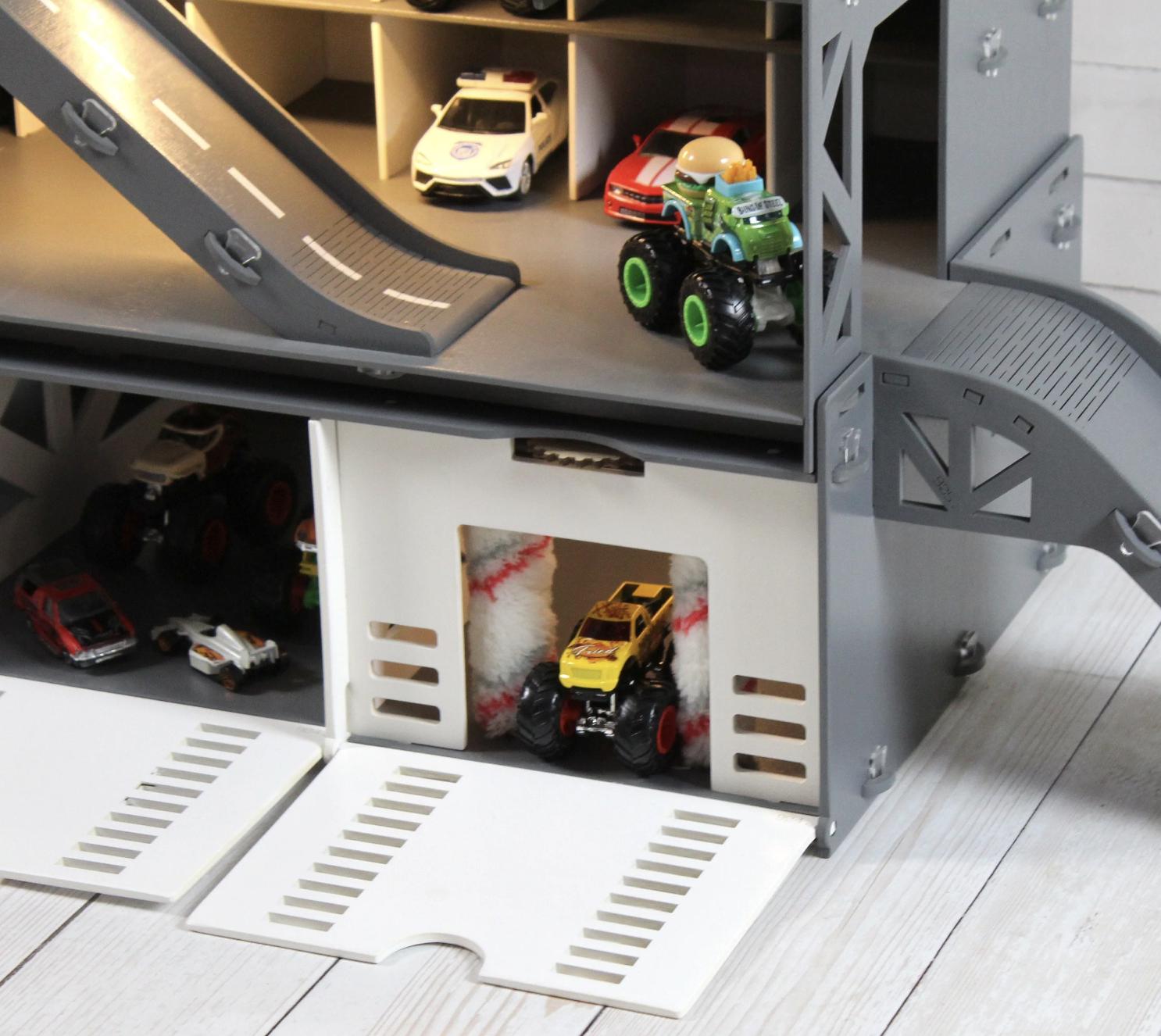 Wooden Toy Car Garage 94 Slots with Ramps | 1:64 Scale Boys Gift, LED & Car Wash