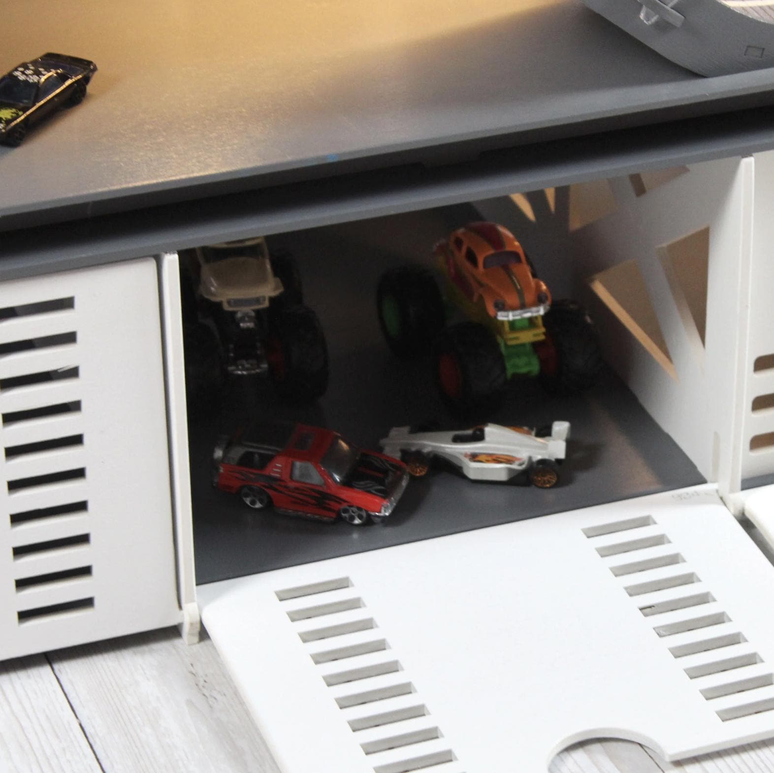 Wooden Toy Car Garage 94 Slots with Ramps | 1:64 Scale Boys Gift, LED & Car Wash