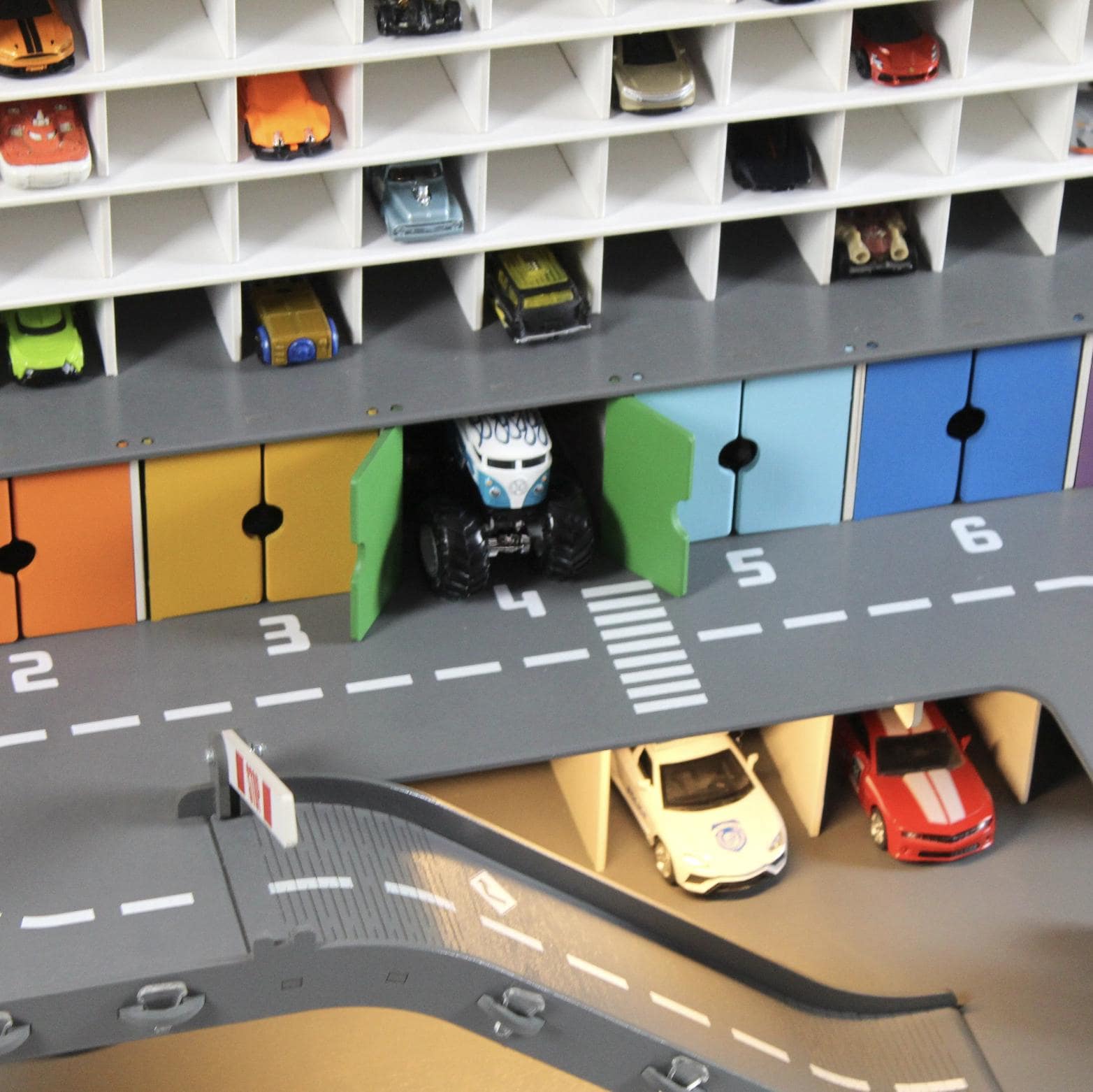 Wooden Toy Car Garage 94 Slots with Ramps | 1:64 Scale Boys Gift, LED & Car Wash