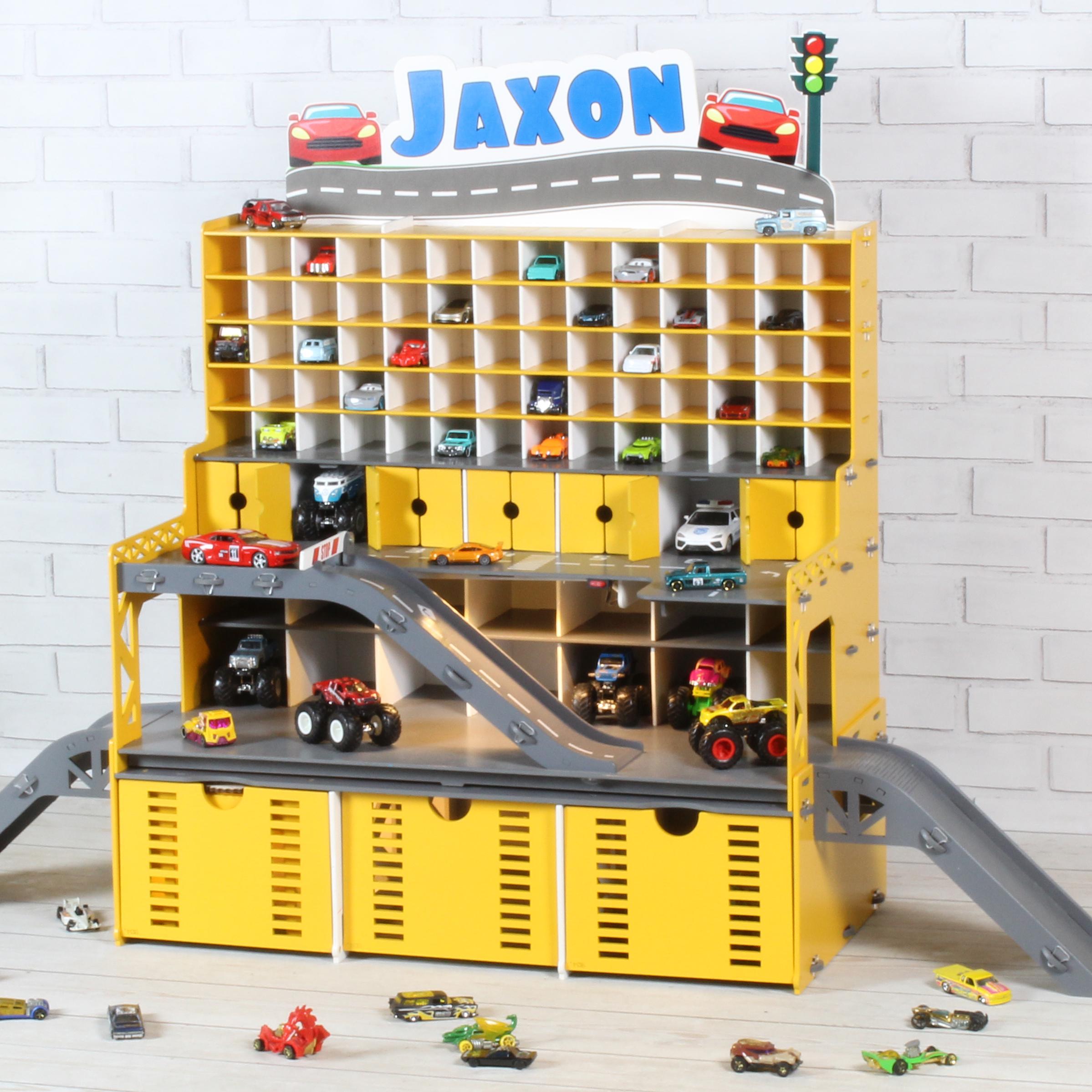 Wooden Toy Car Garage 94 Slots | 1:64 Scale Display with LED, Ramps & Car Wash