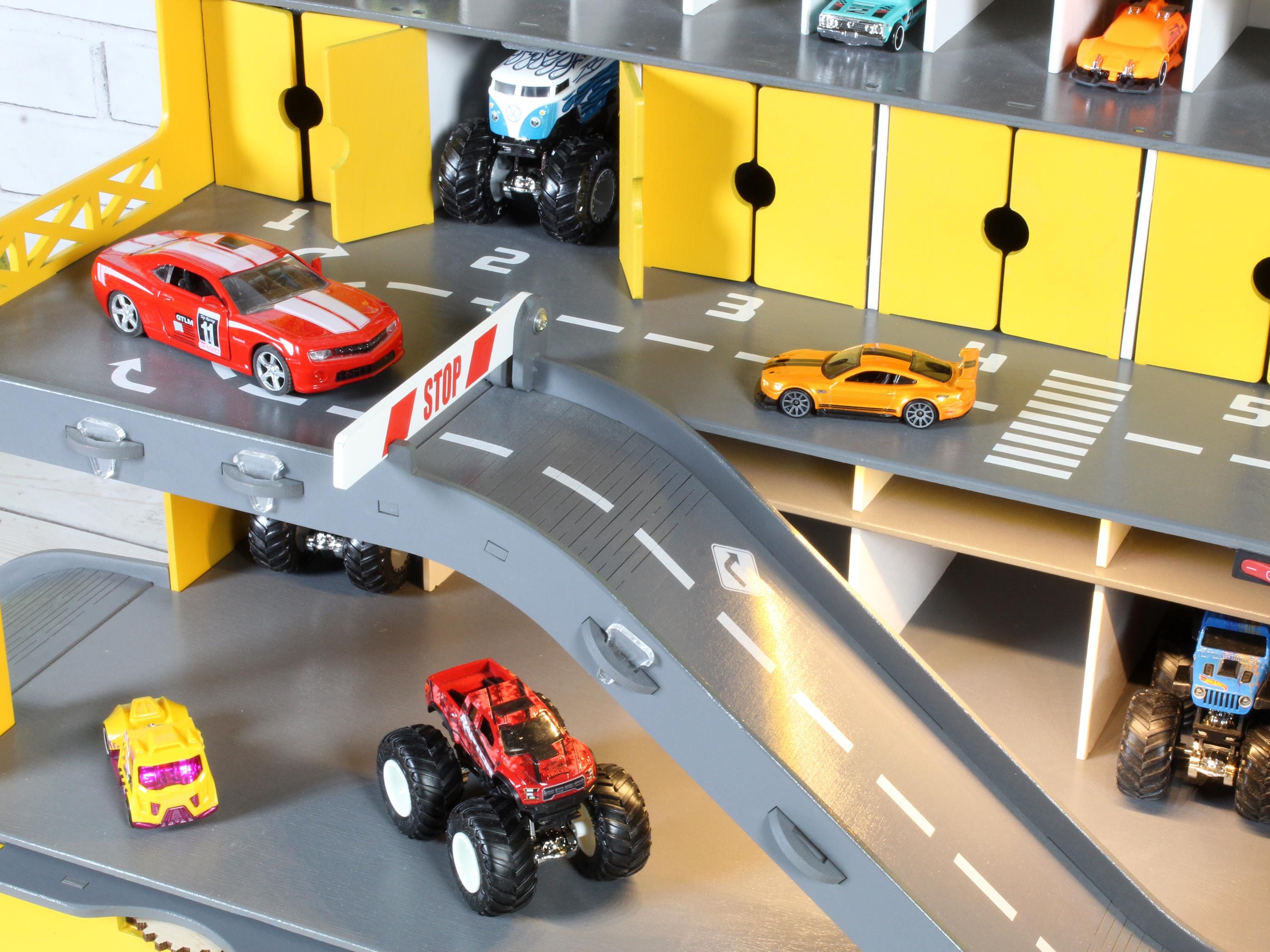 Wooden Toy Car Garage 94 Slots | 1:64 Scale Display with LED, Ramps & Car Wash