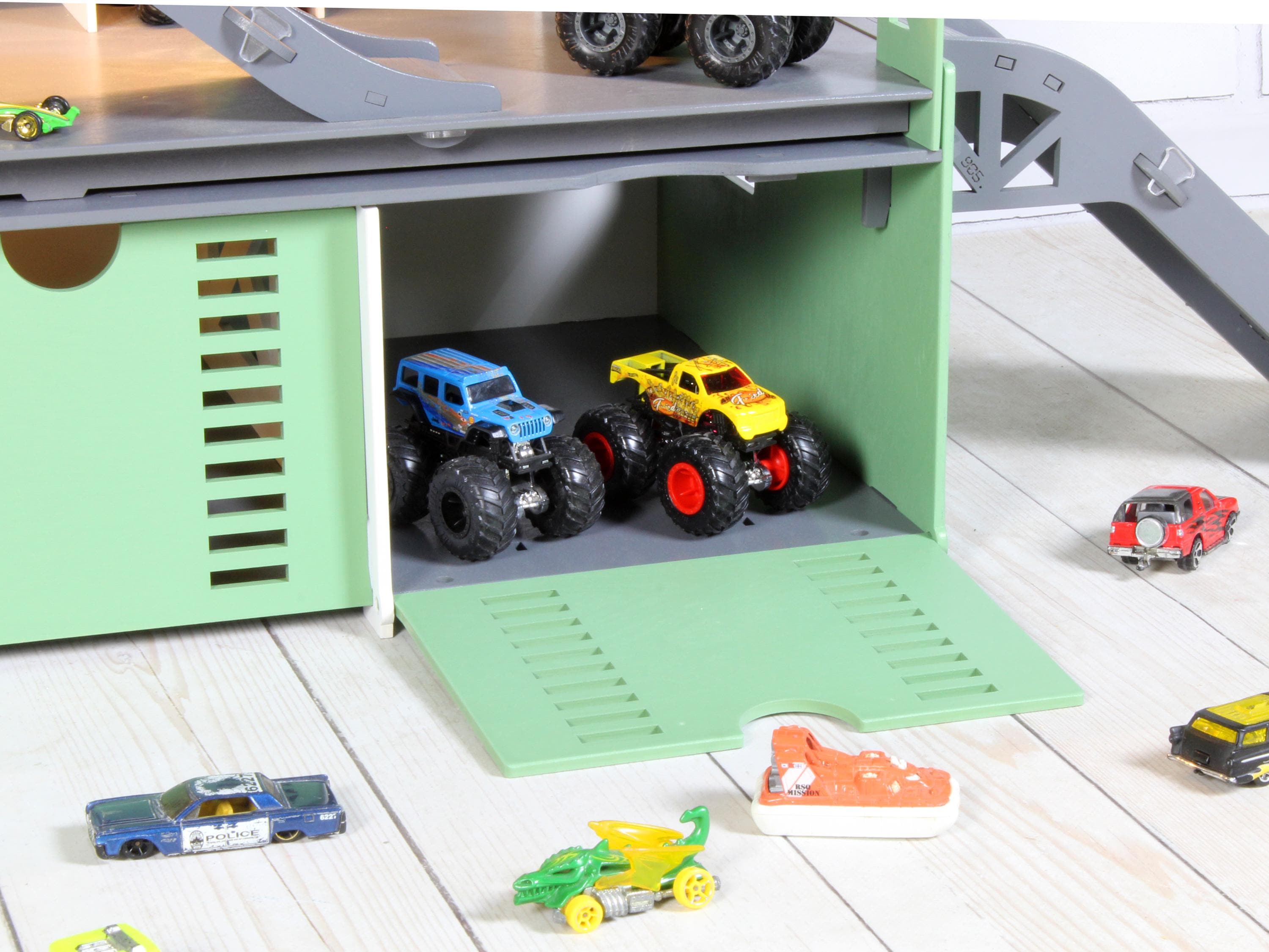 Large Wooden Toy Car Garage 94 Slots | 1:64 Scale Display with LED & Car Wash