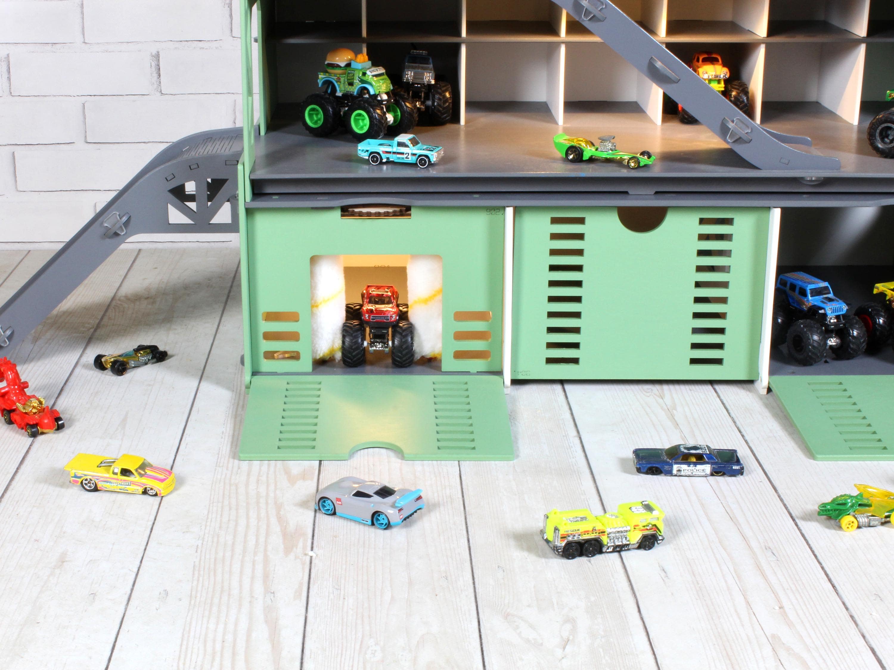Large Wooden Toy Car Garage 94 Slots | 1:64 Scale Display with LED & Car Wash