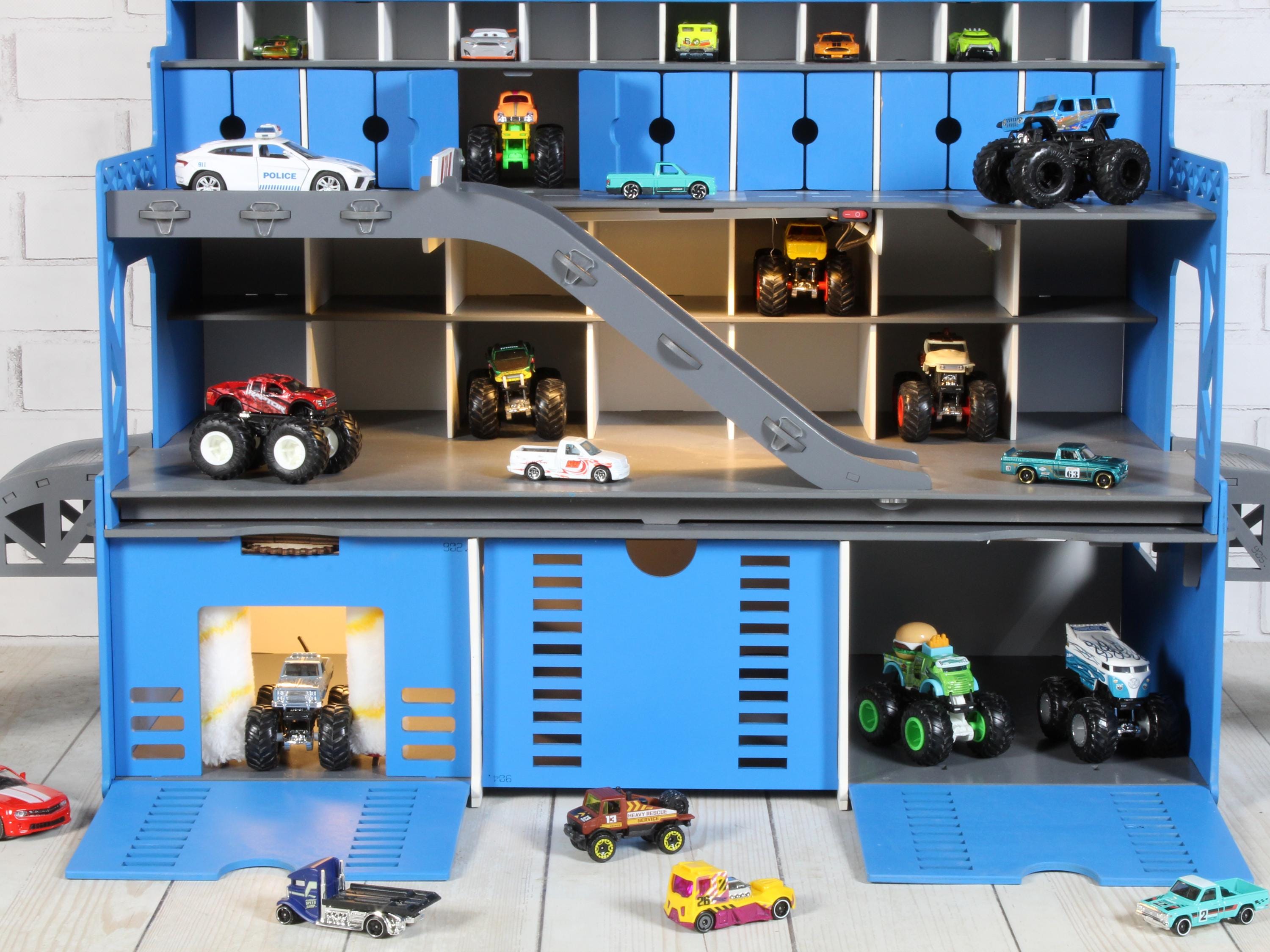 Personalized Wooden Toy Car Garage 94 Slots | LED, Car Wash, Nameplate – Kids Gift
