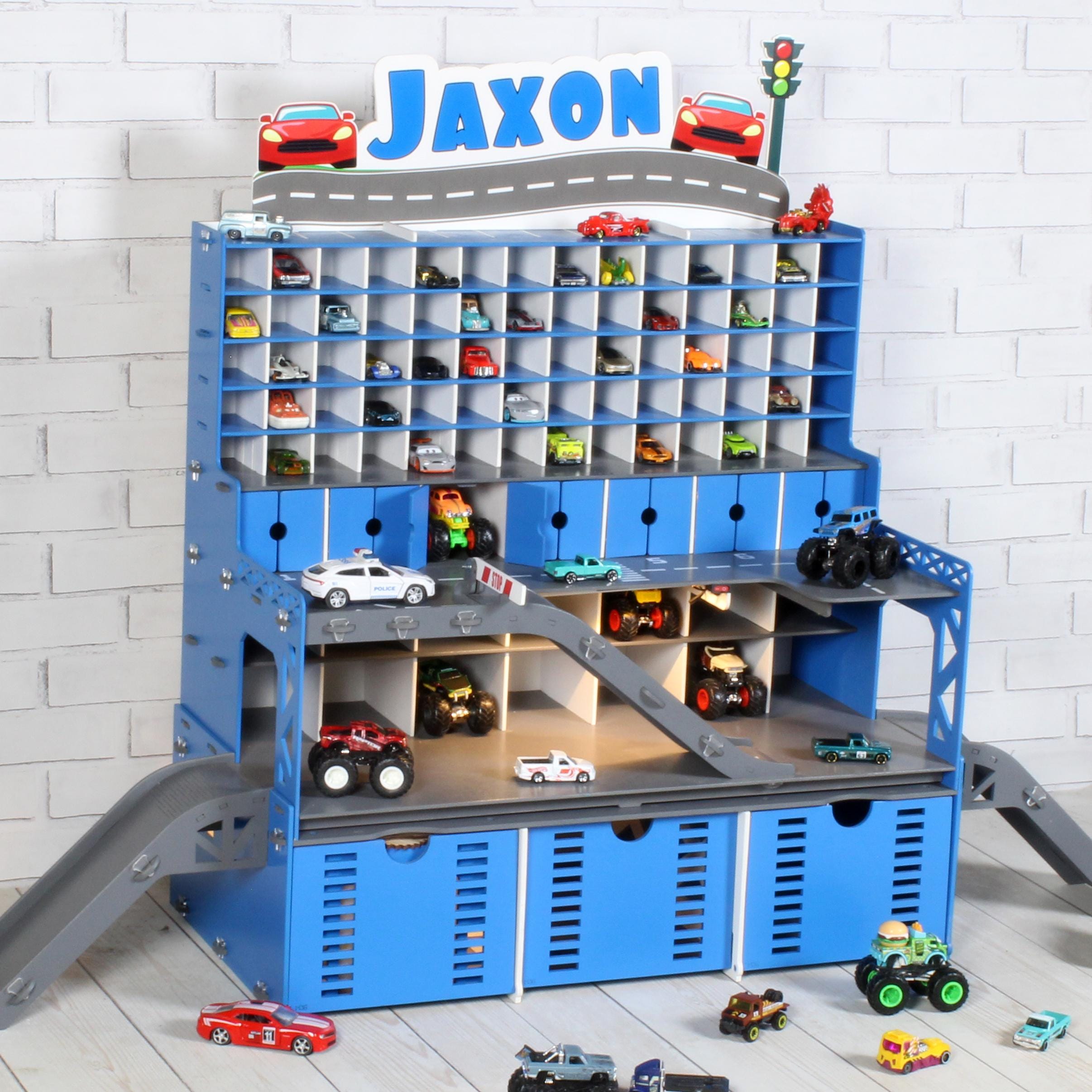 Personalized Wooden Toy Car Garage 94 Slots | LED, Car Wash, Nameplate – Kids Gift
