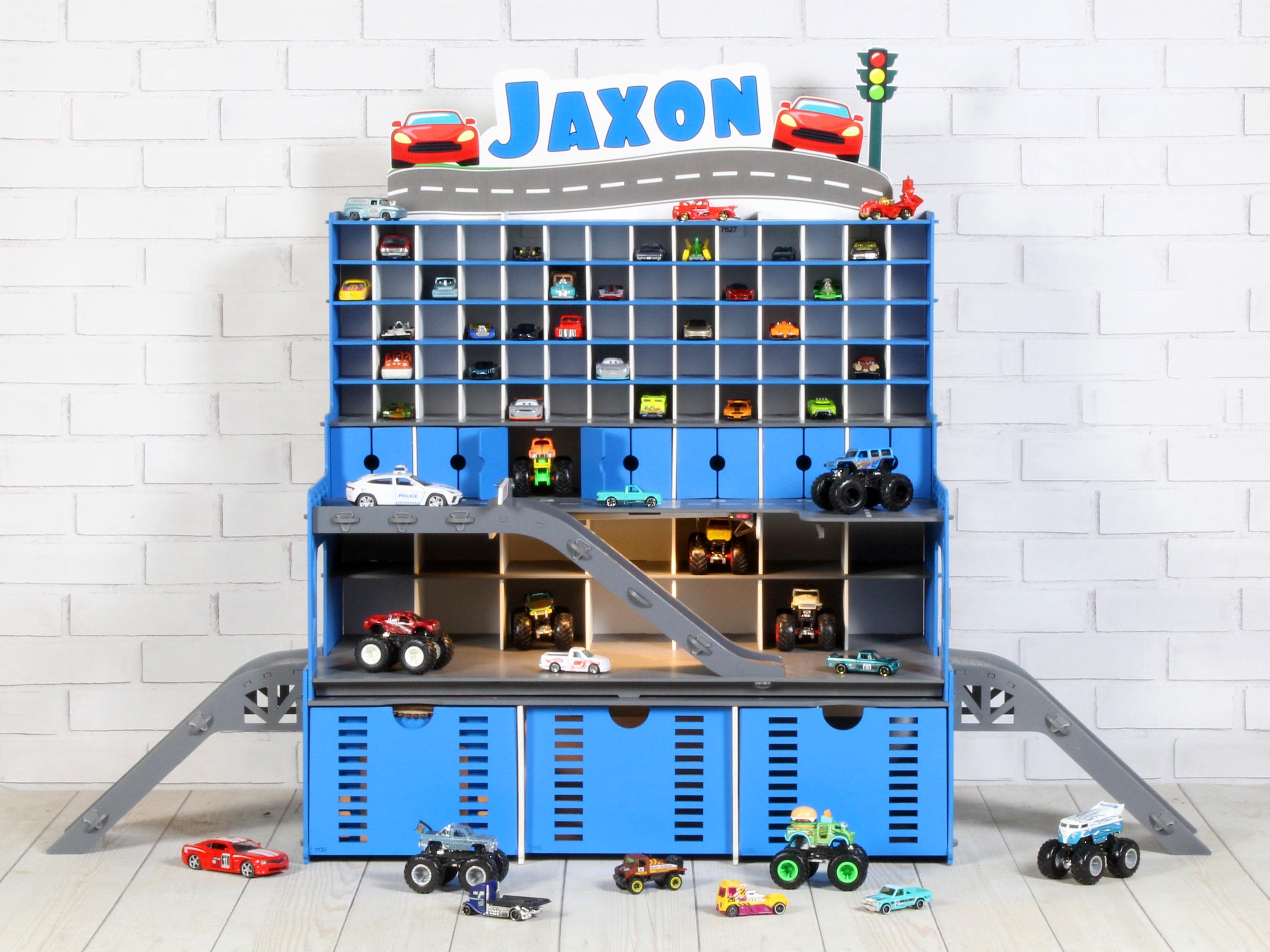Personalized Wooden Toy Car Garage 94 Slots | LED, Car Wash, Nameplate – Kids Gift