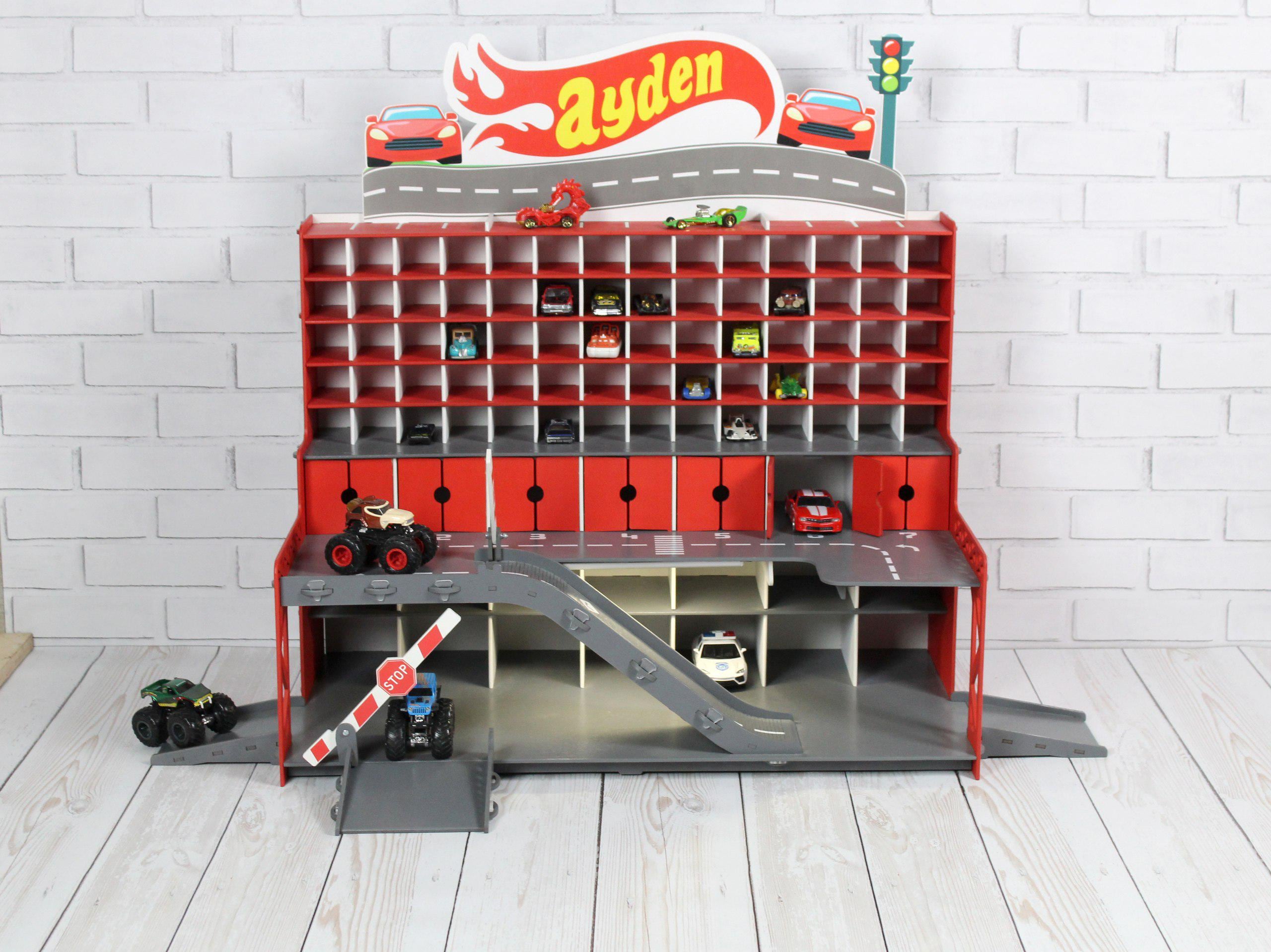 Wooden Toy Car Garage Organizer 91 Slots | 1:64 Diecast Display with Ramps & LED