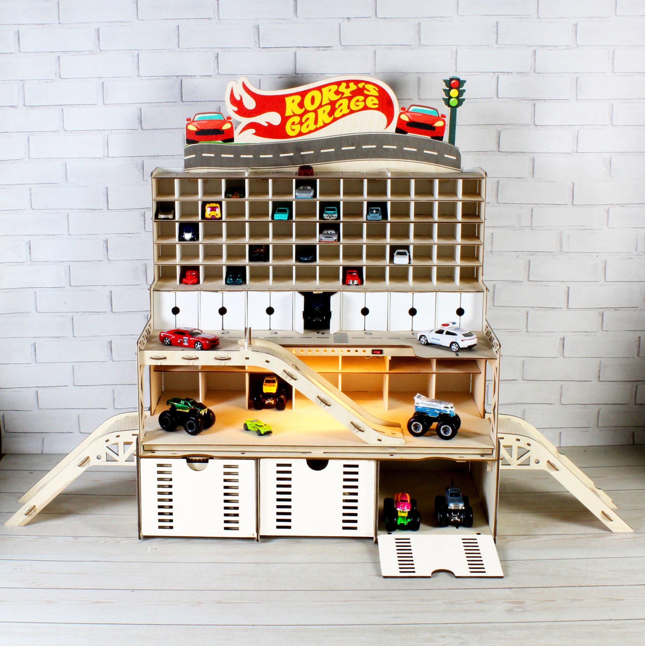 Natural Wooden Toy Car Garage 94 Slots | LED, Car Wash & Nameplate