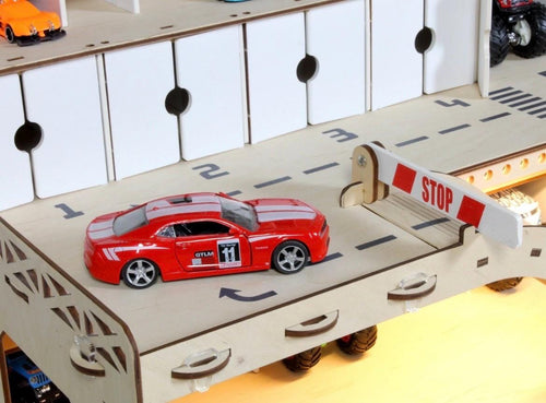 Natural Wooden Toy Car Garage 94 Slots | LED, Car Wash & Nameplate