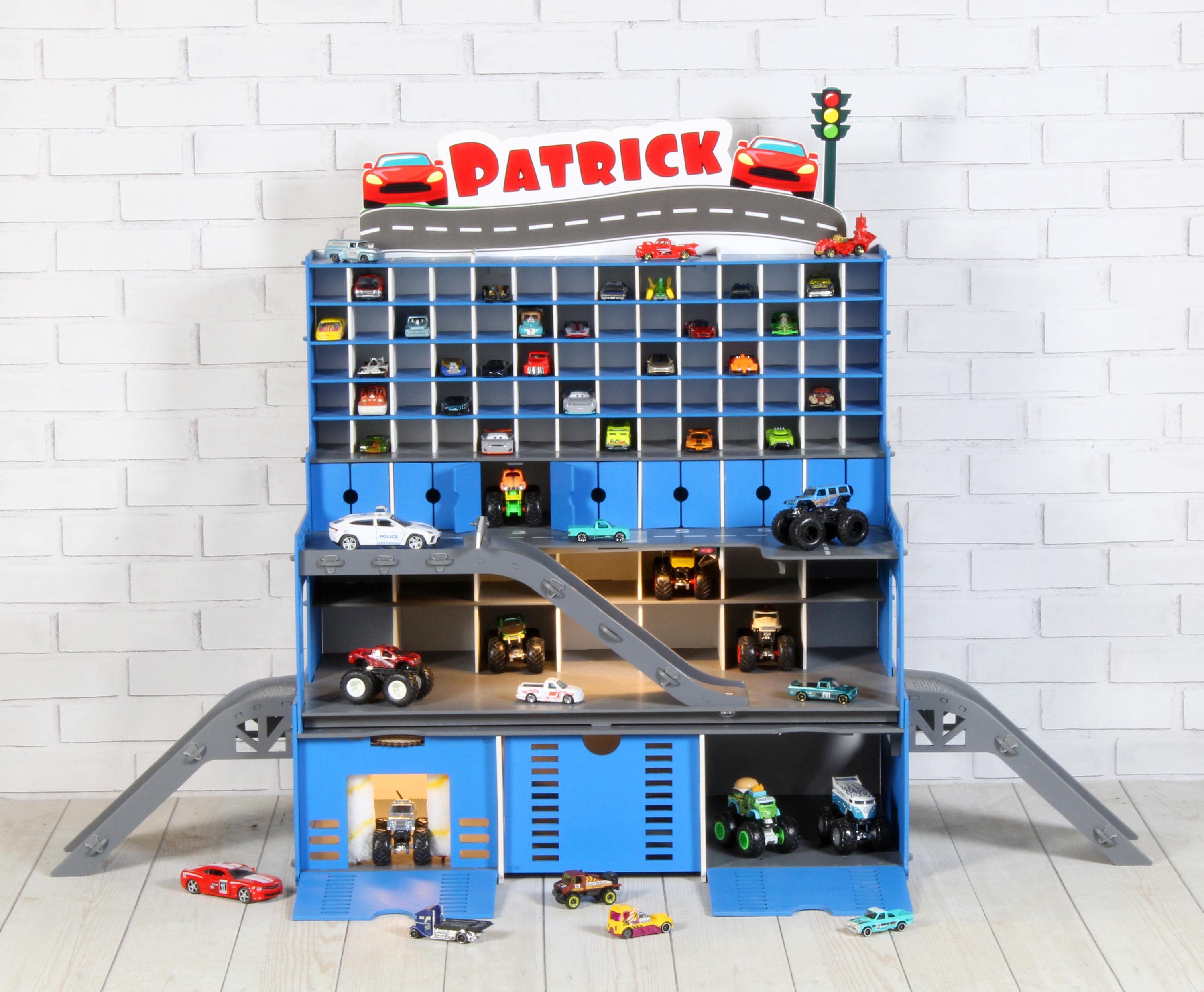 Personalized Wooden Toy Car Garage 94 Slots | LED, Car Wash, Nameplate – Kids Gift