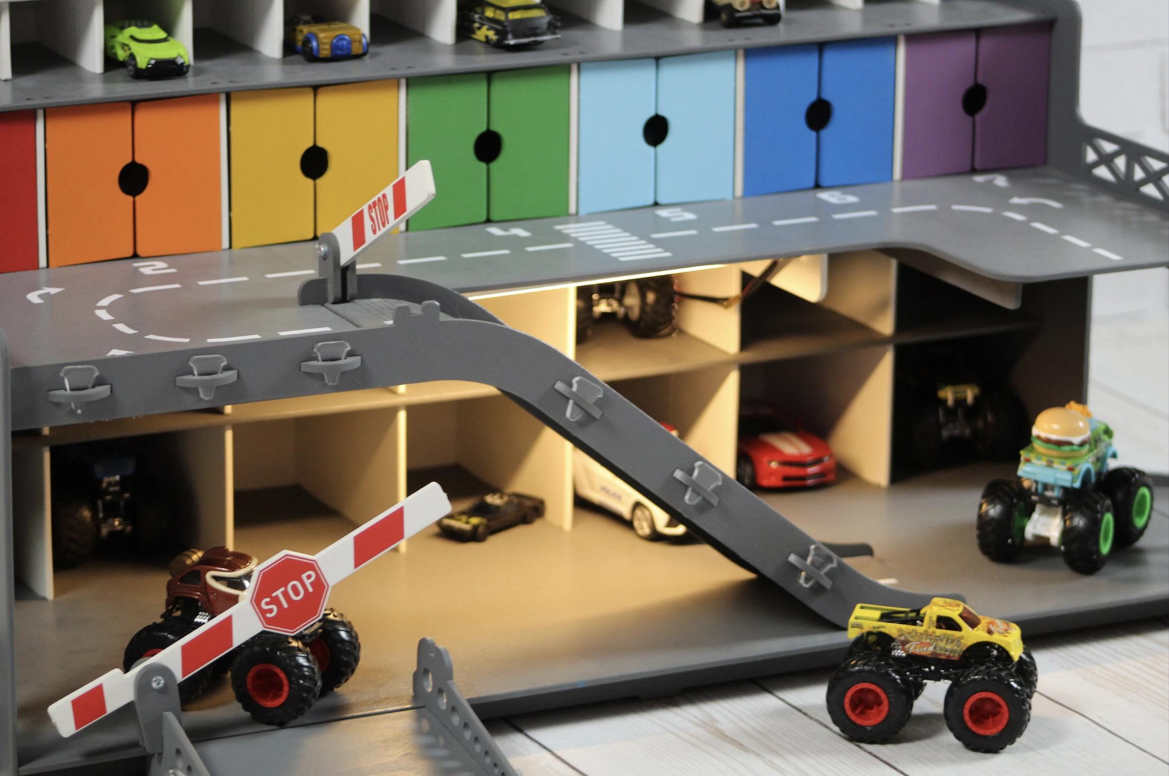 Rainbow Wooden Toy Car Garage 91 Slots | 1:64 Scale Display with LED & Nameplate