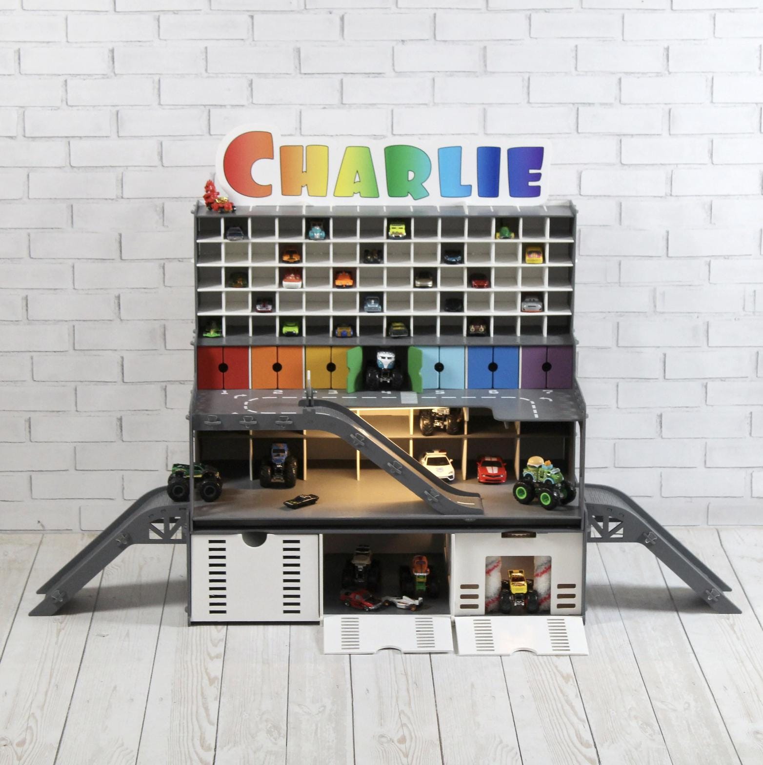 Wooden Toy Car Garage 94 Slots with Ramps | 1:64 Scale Boys Gift, LED & Car Wash