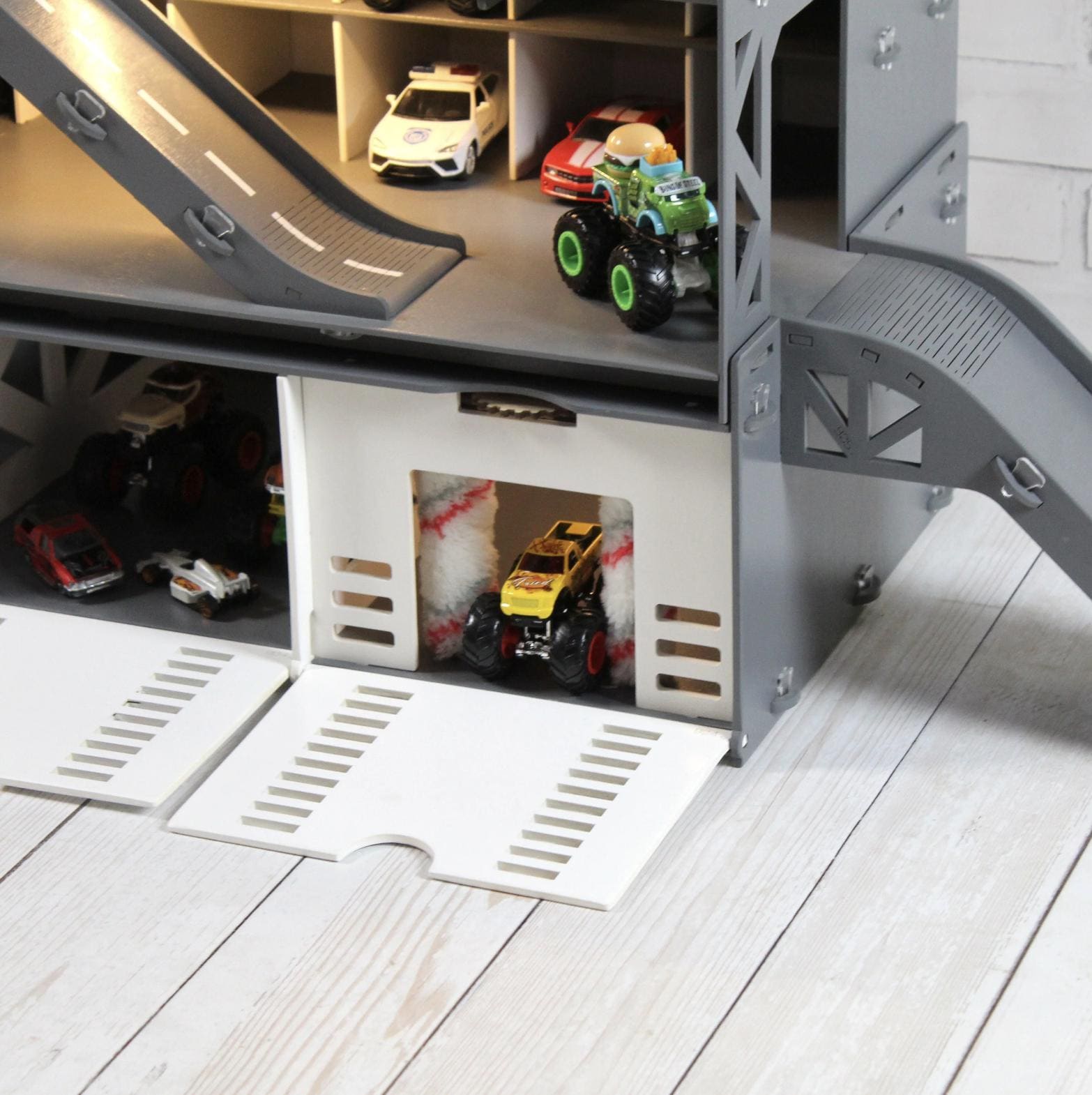 Wooden Toy Car Garage 94 Slots with Ramps | 1:64 Scale Boys Gift, LED & Car Wash