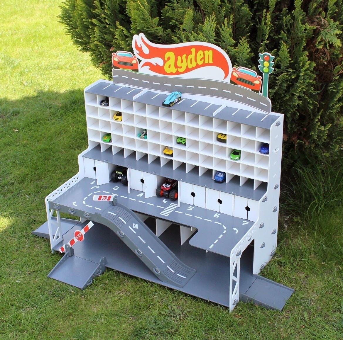 Wooden Toy Car Garage 91 Slots | 1:64 Scale Storage Display with LED Option