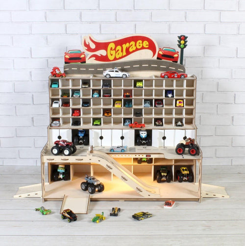 Full front view of natural wooden toy car garage for 1:64 cars with ramps and LED lights