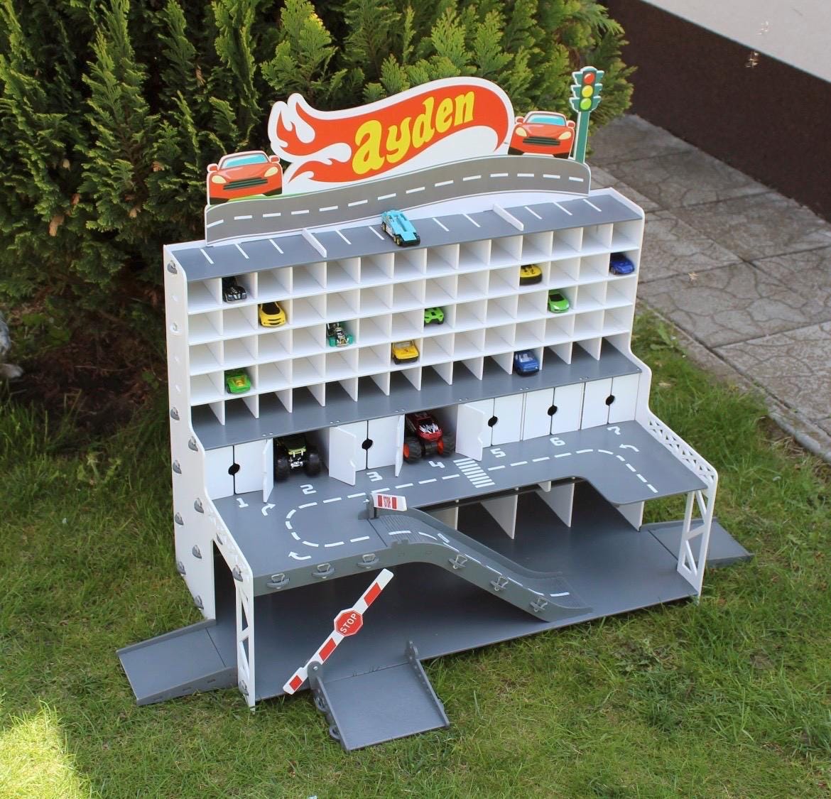 Wooden Toy Car Garage 91 Slots | 1:64 Scale Storage Display with LED Option