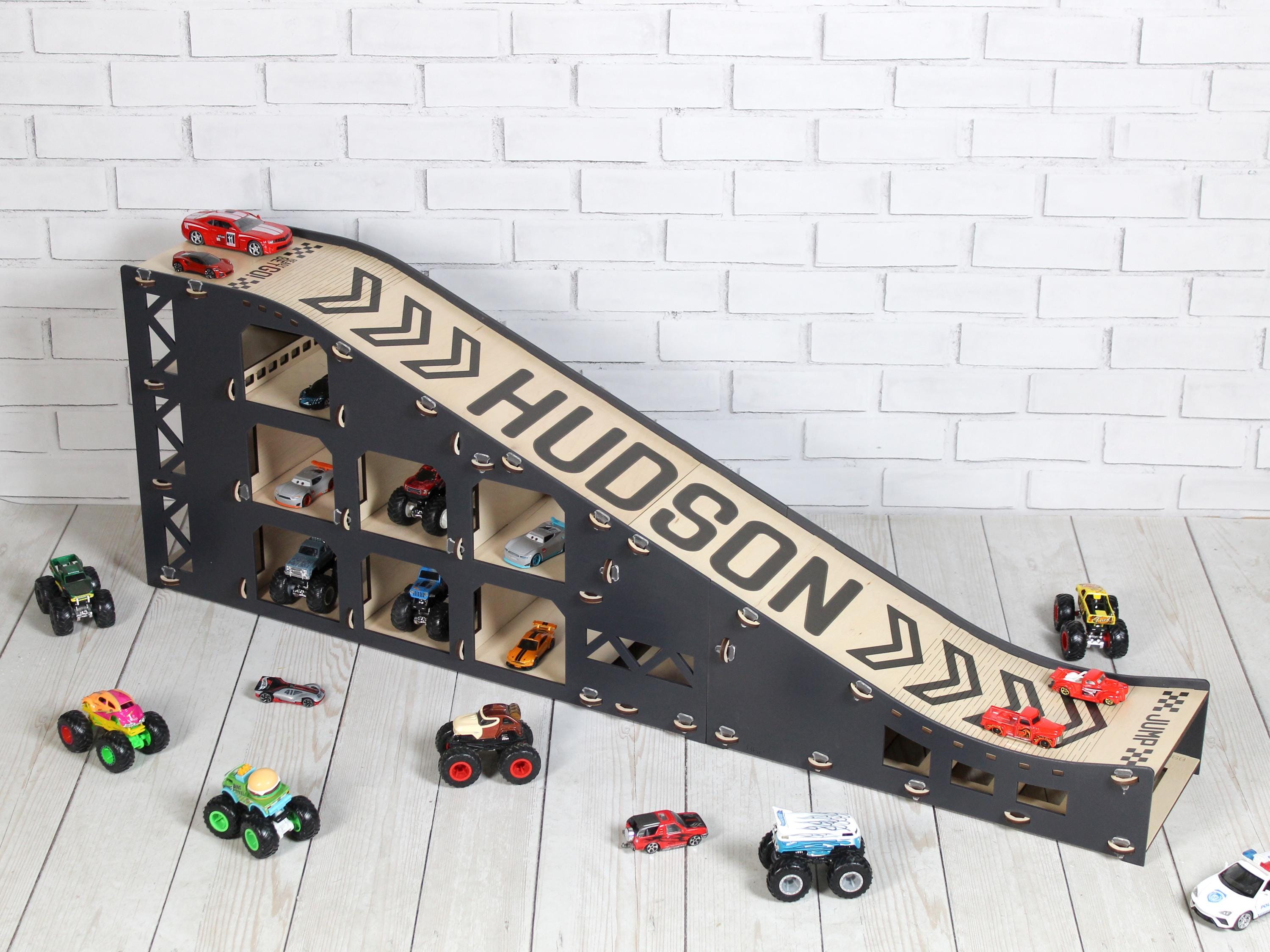 Personalized Wooden Toy Car Ramp | 1:64 Scale Kids Race Track & Storage Organizer