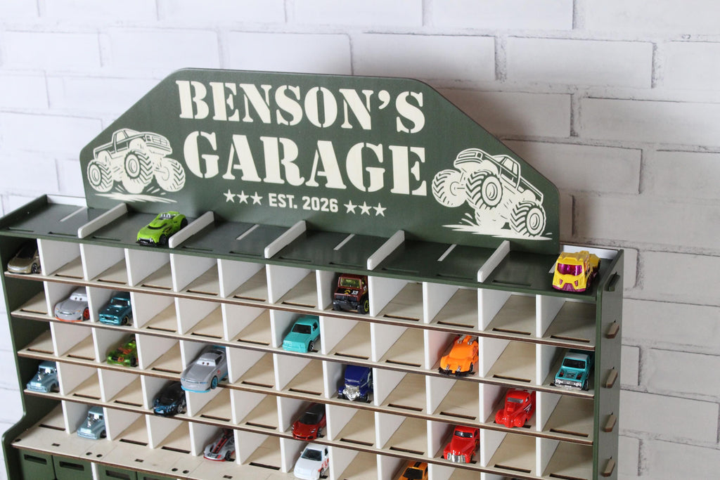 Wooden toy car storage garage with Benson’s Garage nameplate and 1:64 diecast cars, upper side