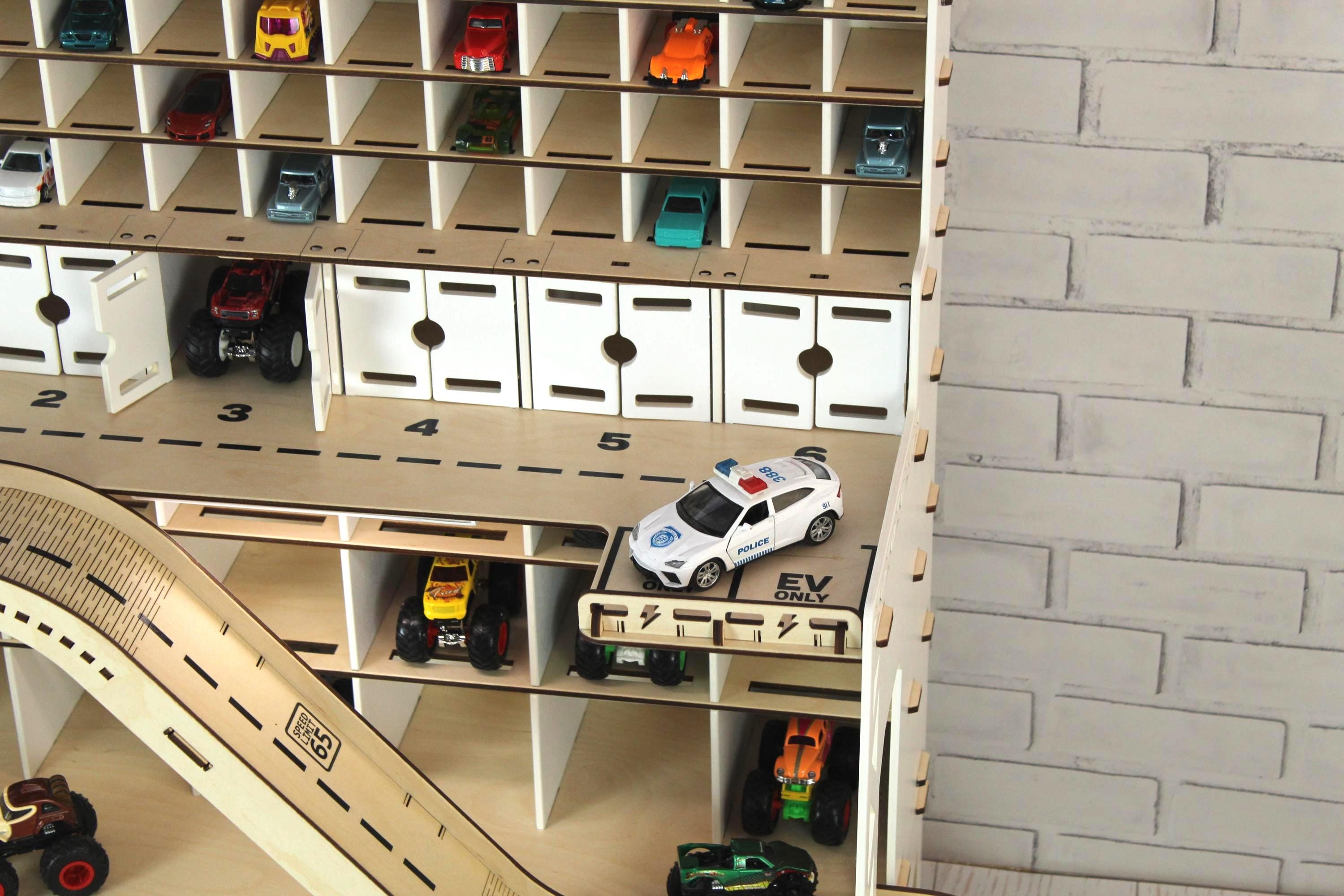 Wooden toy car storage shelves with 1:64 diecast cars and side ramp
