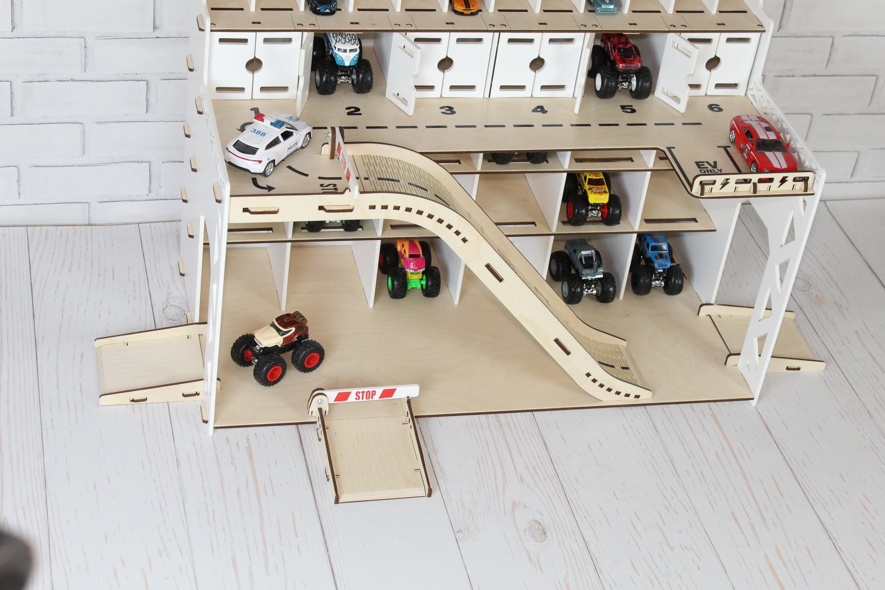 Wooden toy car garage with ramps, open parking shelves 