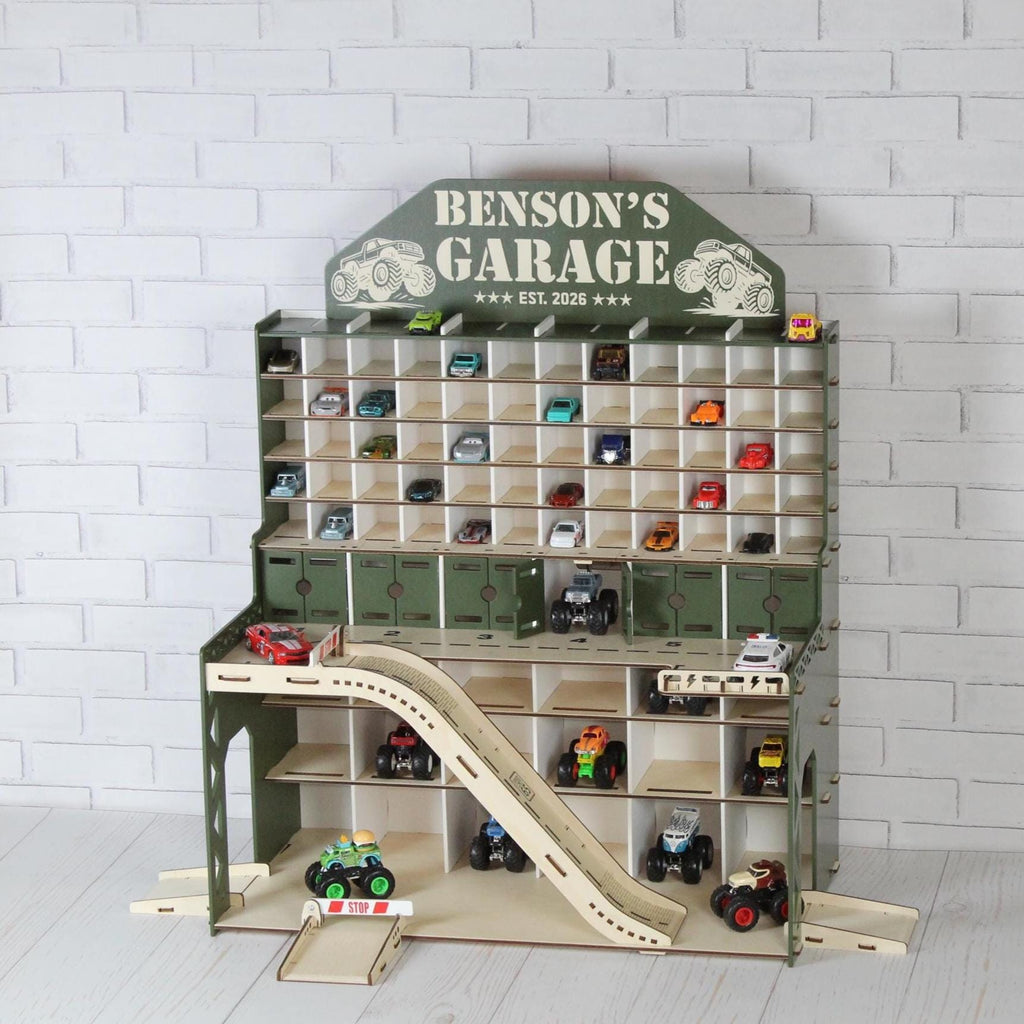Olive wooden toy car garage with ramps, parking shelves and 1:64 diecast cars