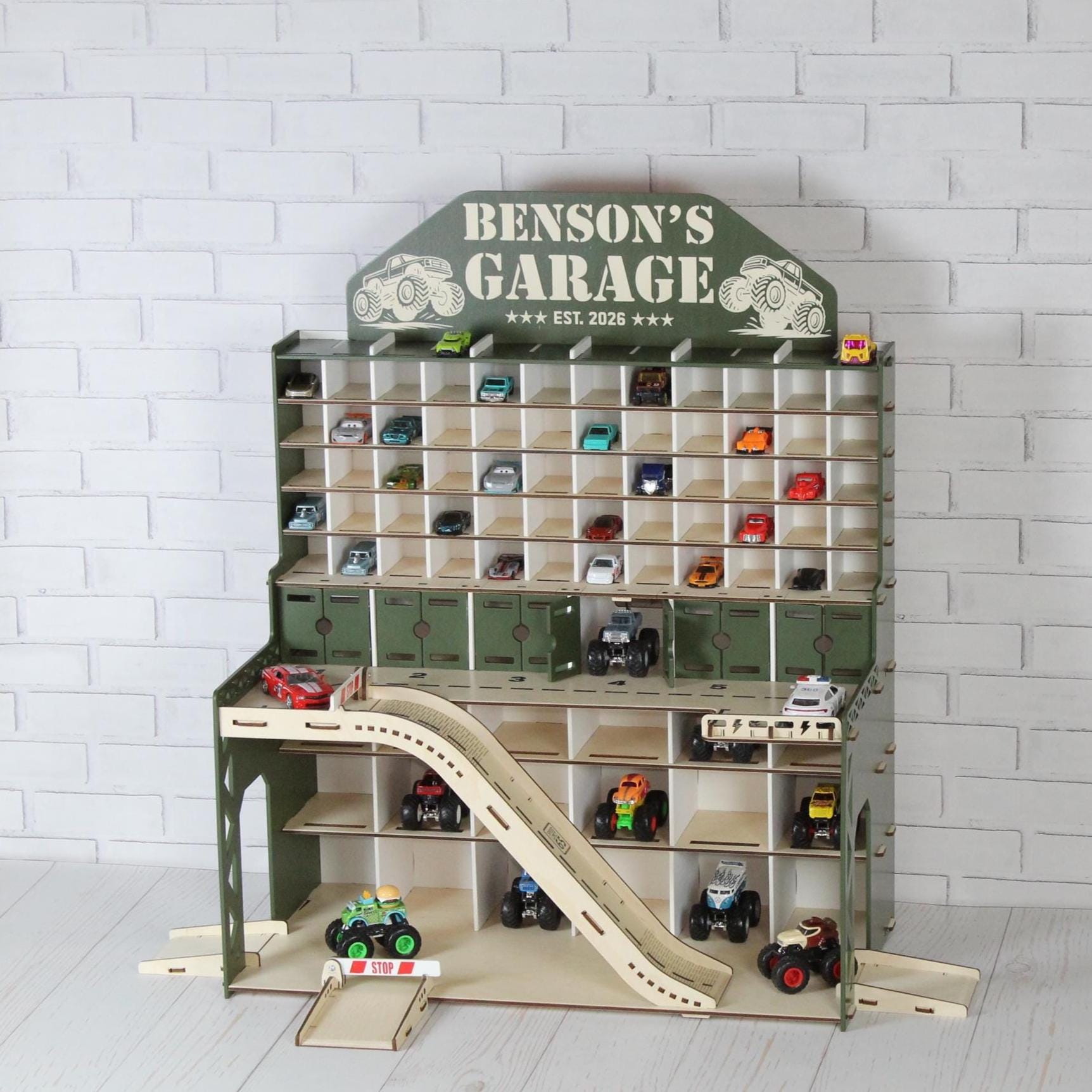 Olive wooden toy car garage with ramps, parking shelves and 1:64 diecast cars