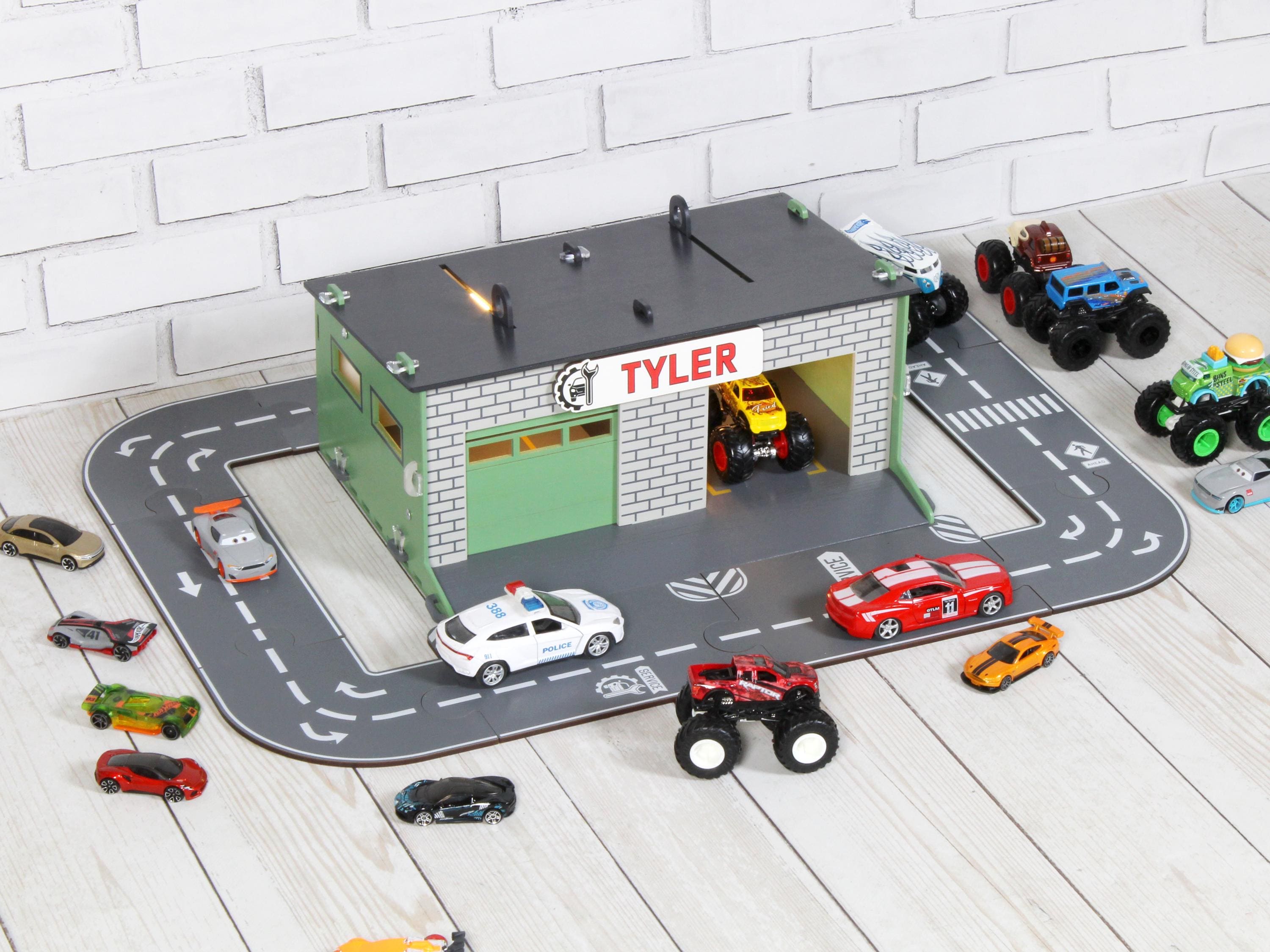 Full angled view of wooden toy car garage with round road track and 1:64 cars