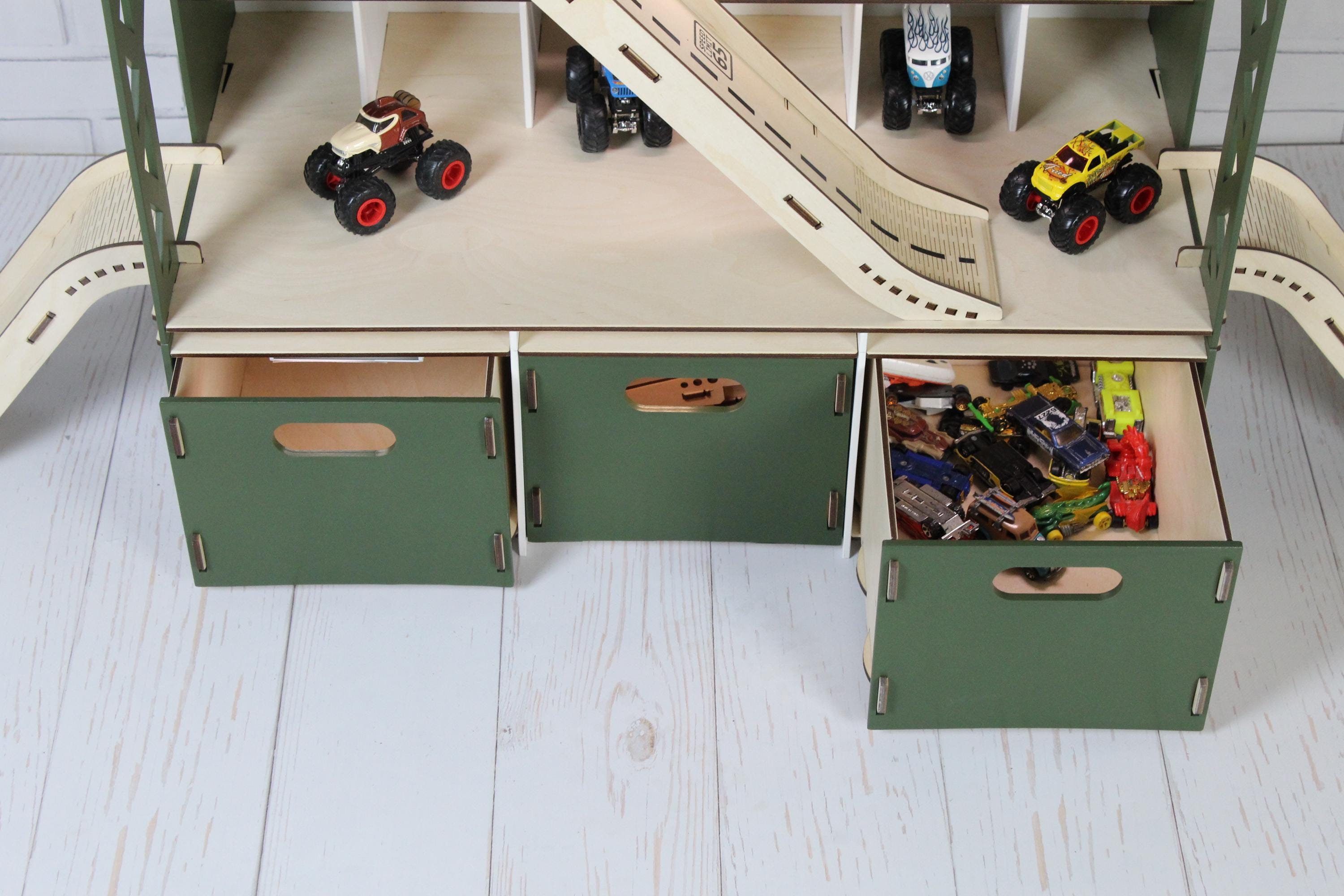 Wooden toy car garage side ramp and lower storage compartments for 1:64 cars. Bottom drawers
