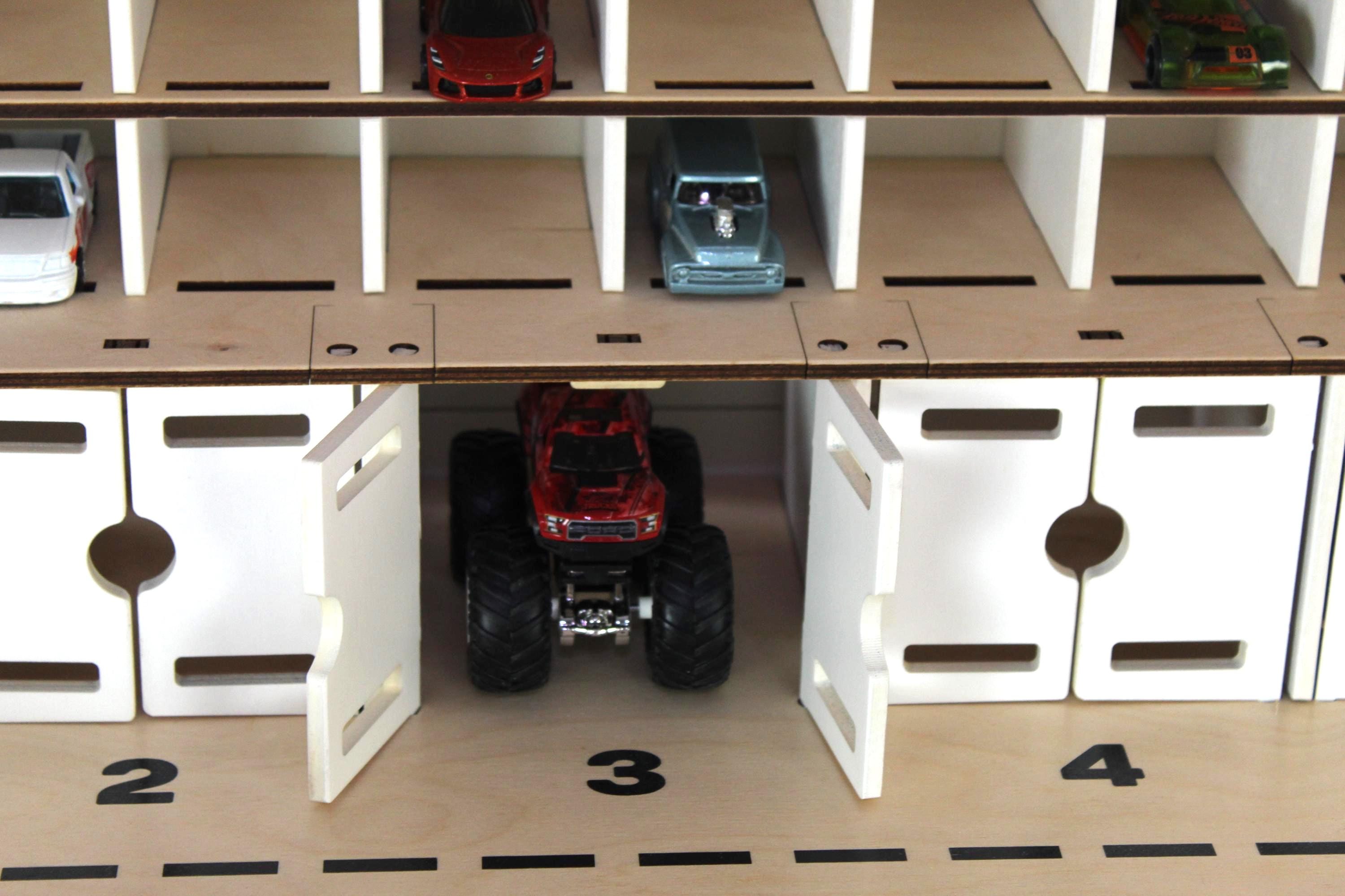 Wooden toy car parking garage doors with numbered spaces for 1:64 cars
