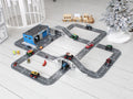 Side view of olive wooden toy car garage with ramp, shelves and Benson’s Garage nameplate
