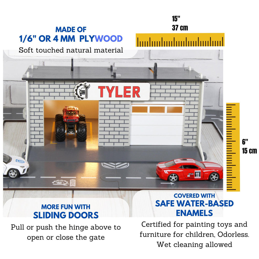 Product detail image showing wooden toy car garage dimensions, materials and sliding doors