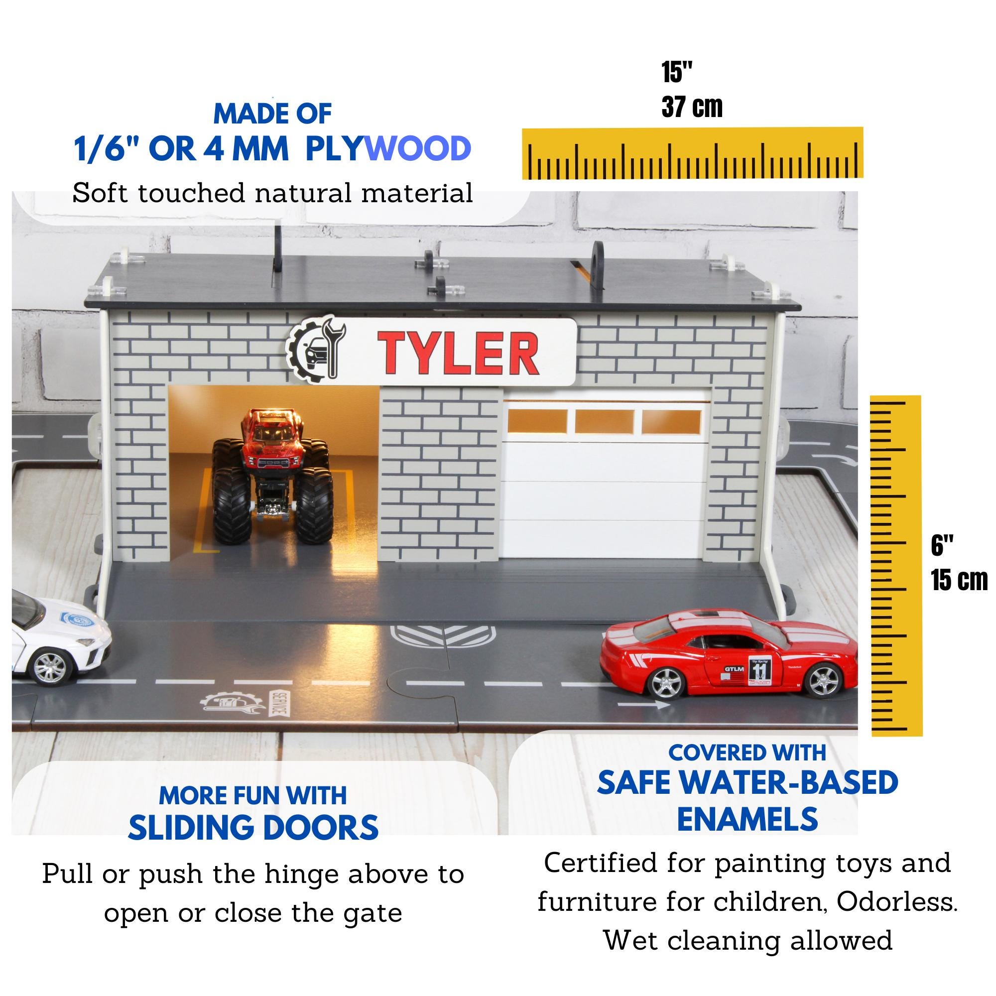 Product detail image showing wooden toy car garage dimensions, materials and sliding doors