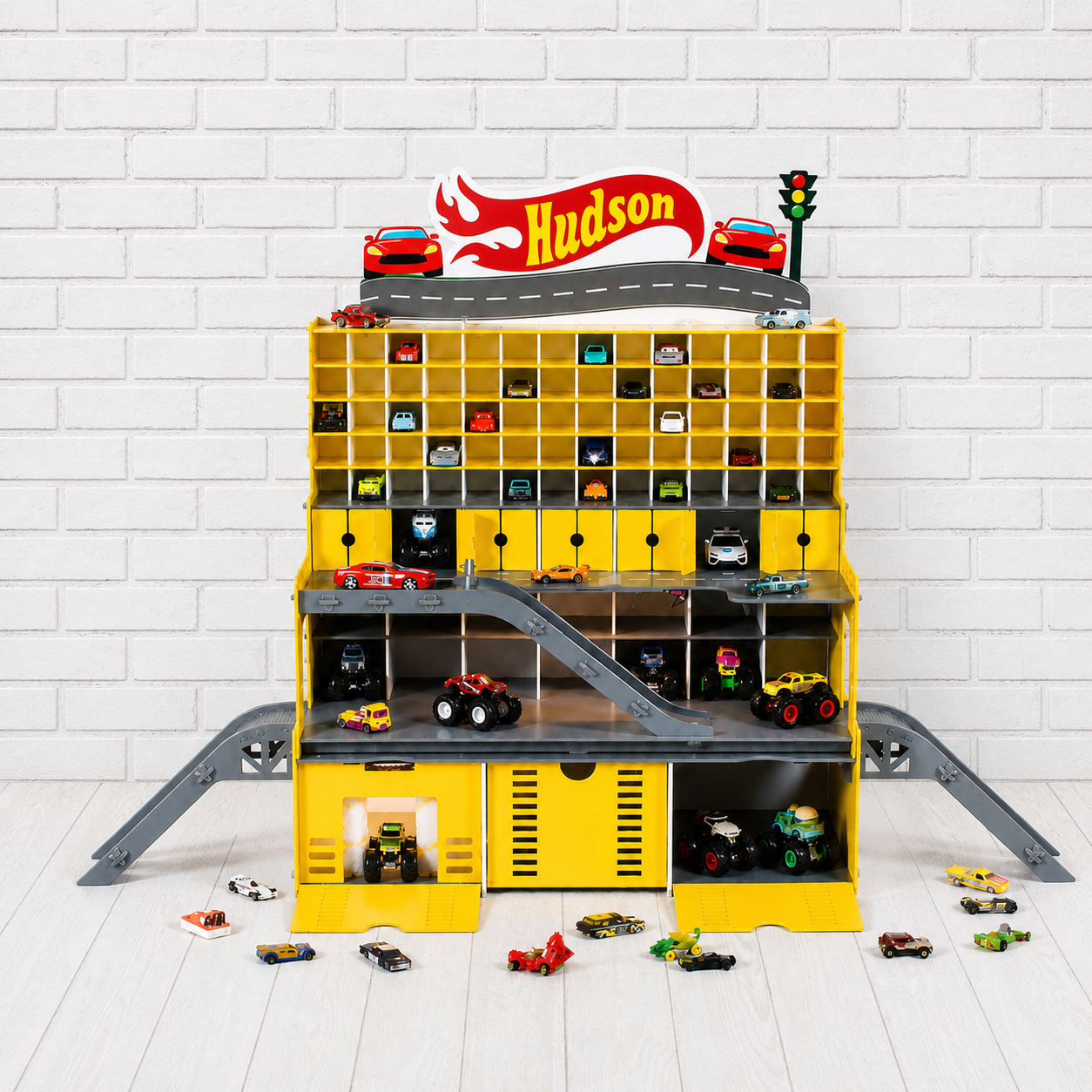 Große Spielzeugauto-Garage Aufbewahrung für Modellautos, LEDs