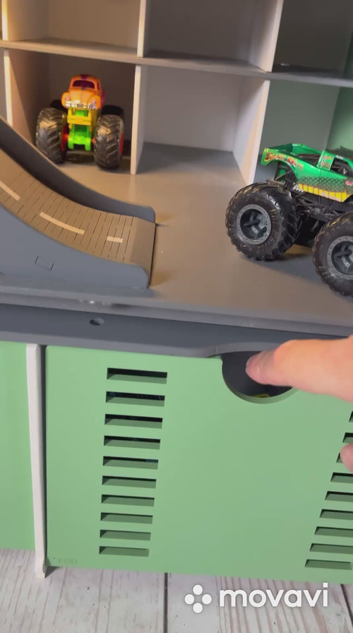 Video thumbnail showing wooden toy car garage ramp, door and lower storage section