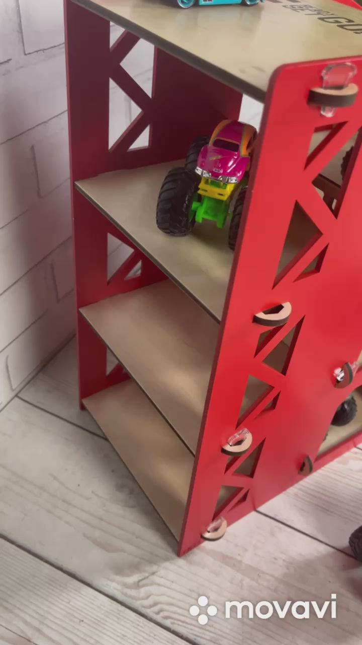 Personalized Red Wooden Toy Car Ramp | 1:64 Scale Kids Race Track with Storage